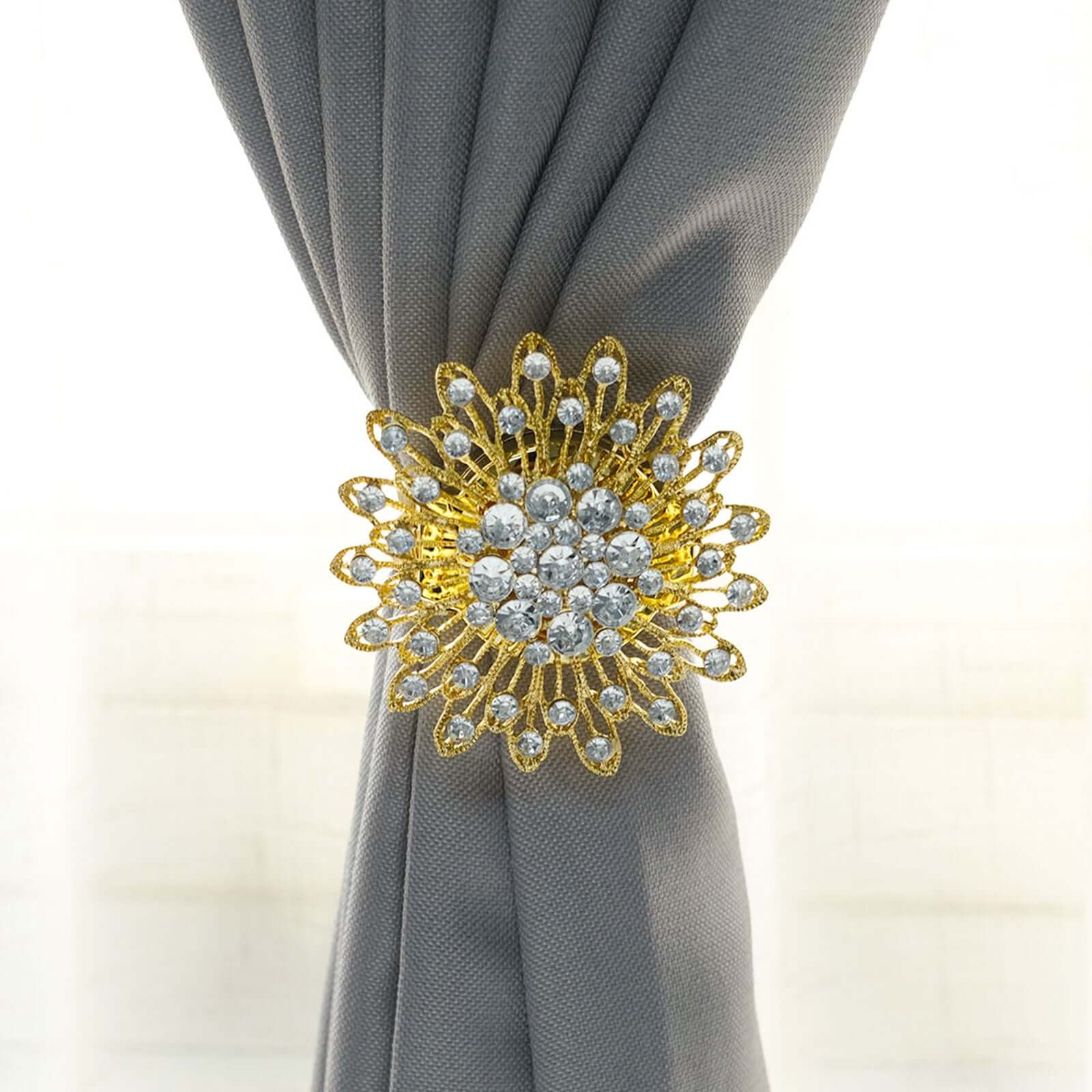 2 Pack 4 Gold Crystal Flower Magnetic Curtain Tie Backs, Backdrop Drapery Panel Buckle Clips