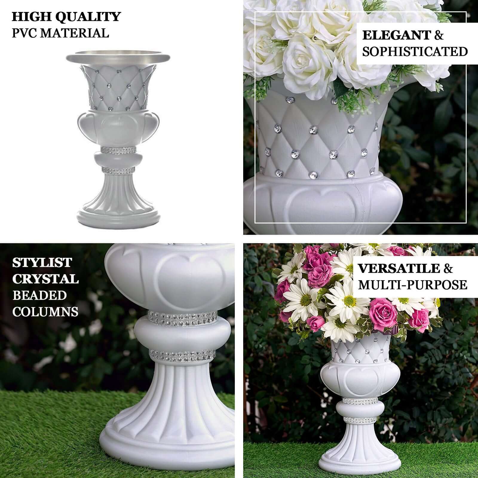 2 Pack White Crystal Beaded Italian Inspired Pedestal Stand Flower Plant Pillar With 10mm Crystal Studs - 18 Tall PVC