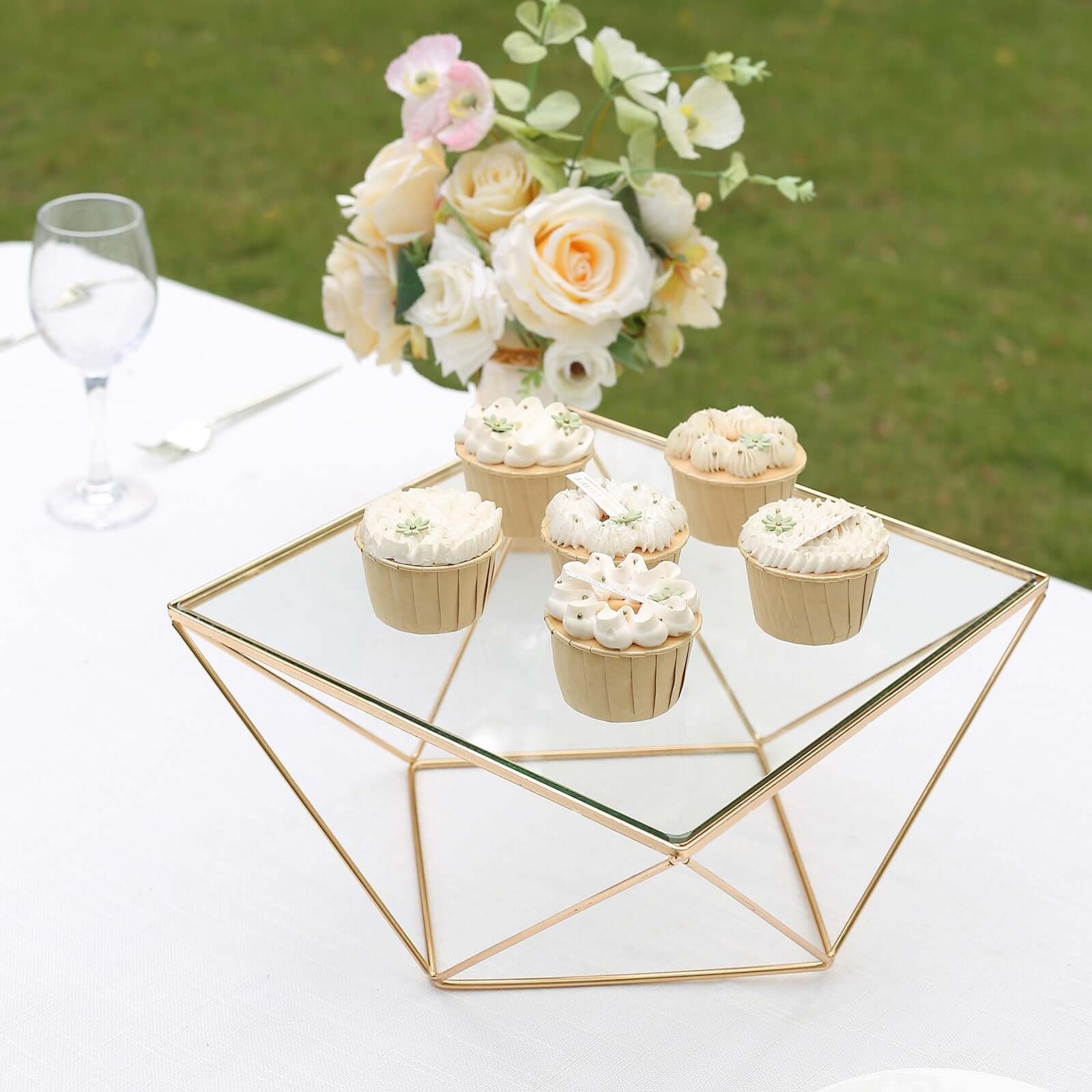 Metal Cake Stand Geometric Pedestal Riser Design Gold with Square Glass Top - Display Centerpiece 12