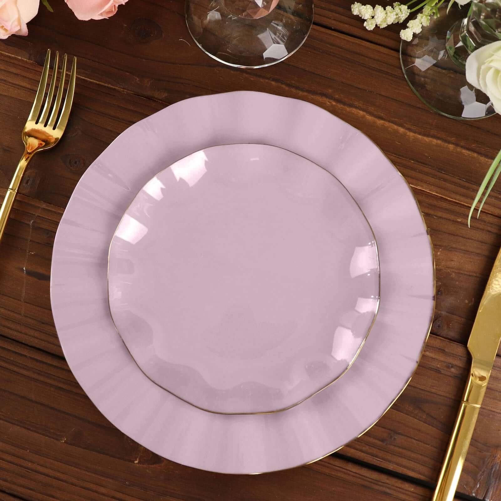 10-Pack Plastic Round 6 Dessert Plates in Lavender Lilac Ruffled Rim with Gold Edging - Sturdy Disposable Salad Appetizer Dinnerware