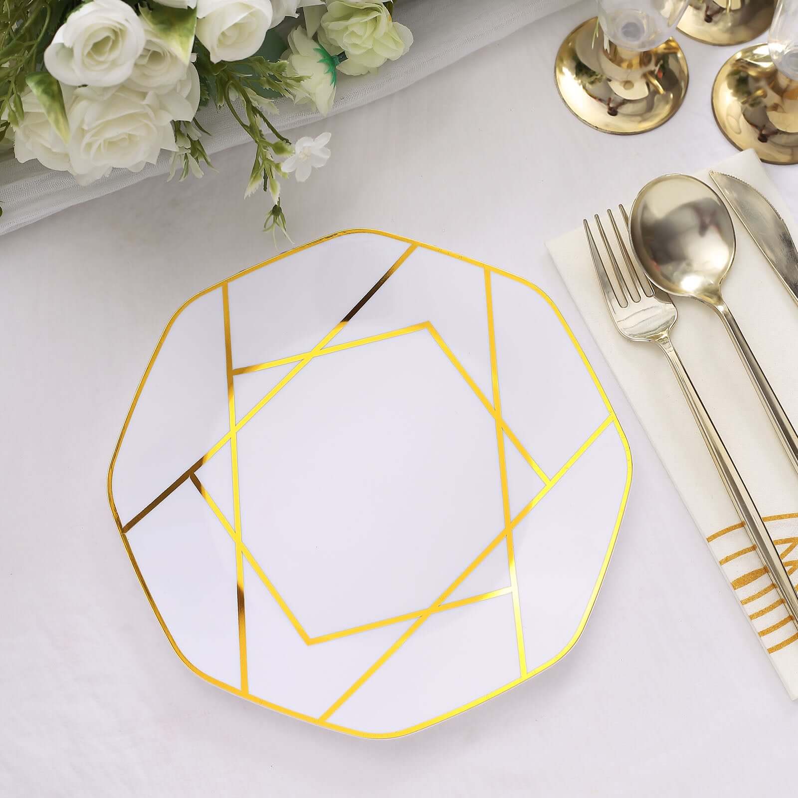 10-Pack Plastic 8 Octagon Dessert Plates in White - Modern Disposable Salad/Appetizer Plates with Gold Geometric Design for Special Occasions & Celebrations