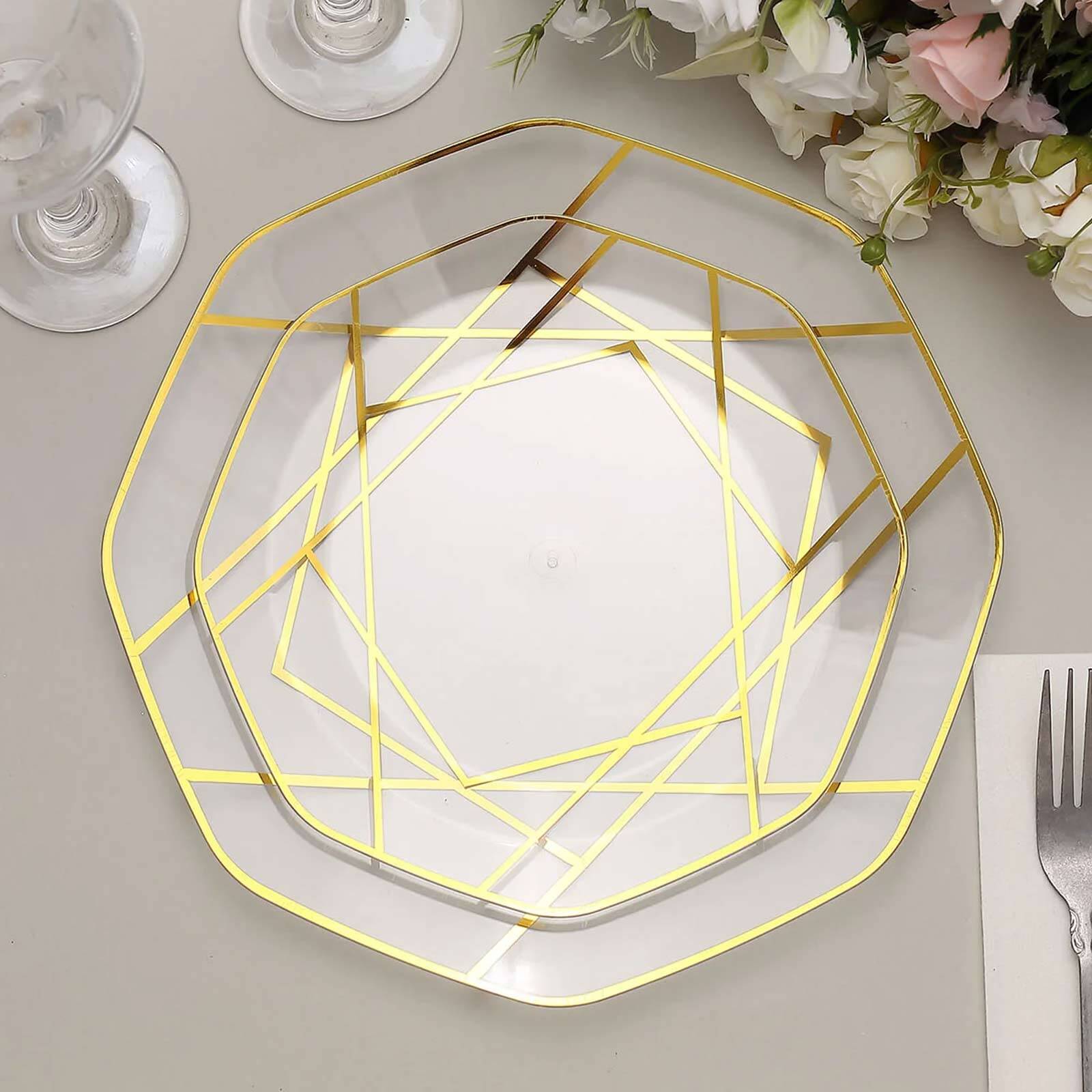 10-Pack Plastic 8 Octagon Dessert Plates in Clear - Modern Disposable Salad/Appetizer Plates with Gold Geometric Design for Special Occasions & Celebrations