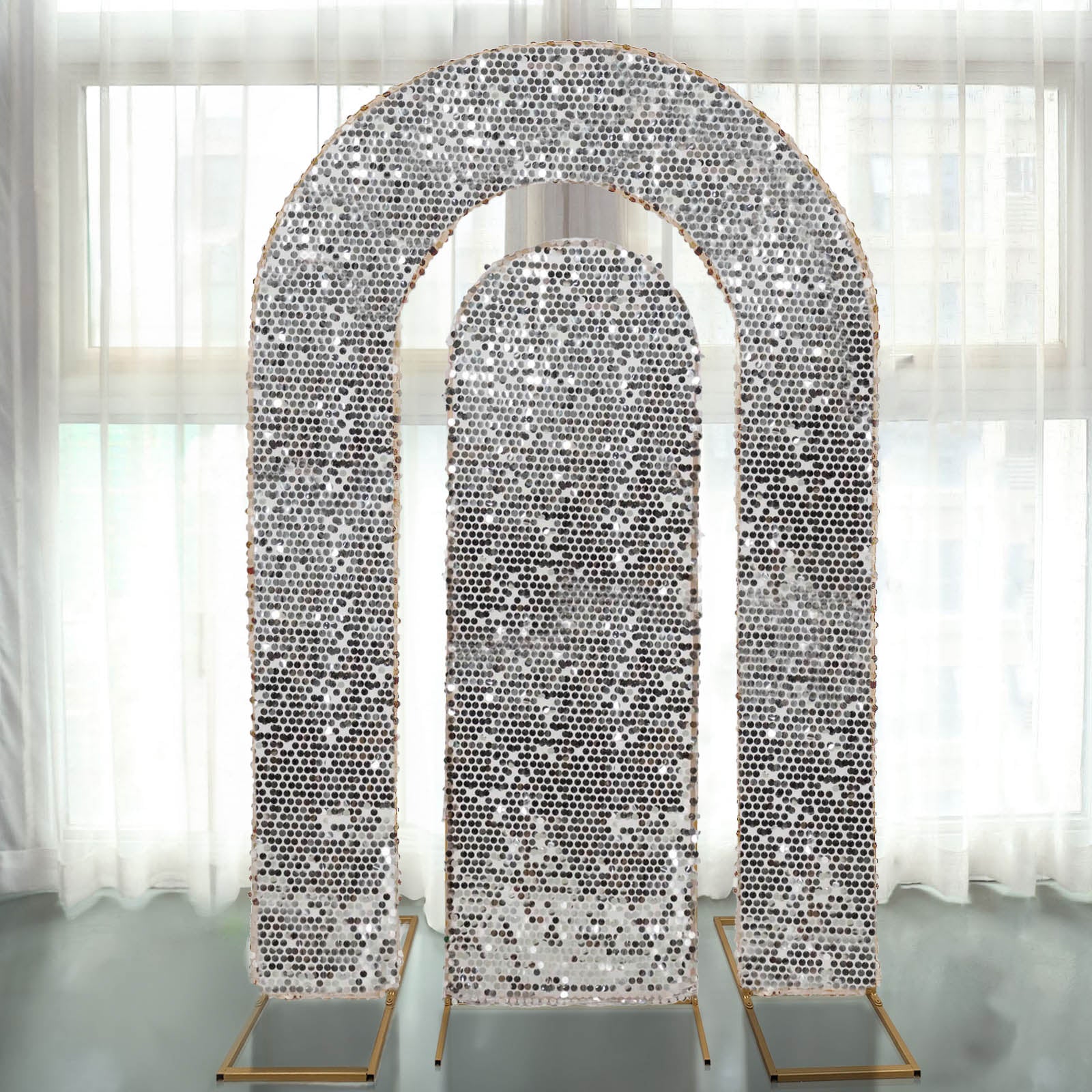 Set of 2 Silver Payette Sequin Wedding Arch Covers for Round Top and Double Arch Chiara Backdrop Stands - 6ft,8ft