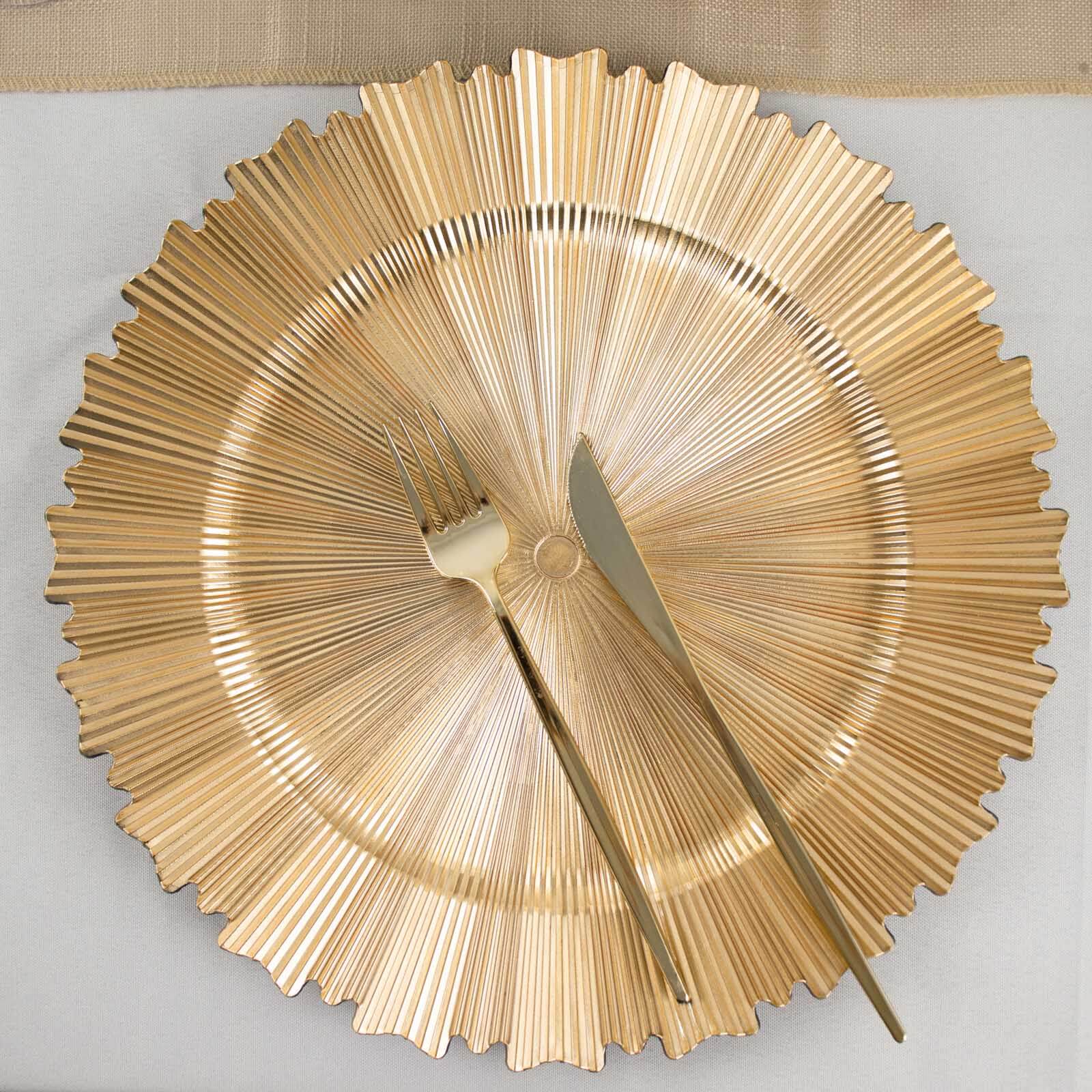 6-Pack Acrylic Plastic Round Charger Plates 13 in Metallic Gold with Sunray Scalloped Rim, Decorative Dinner Party Charger Tableware