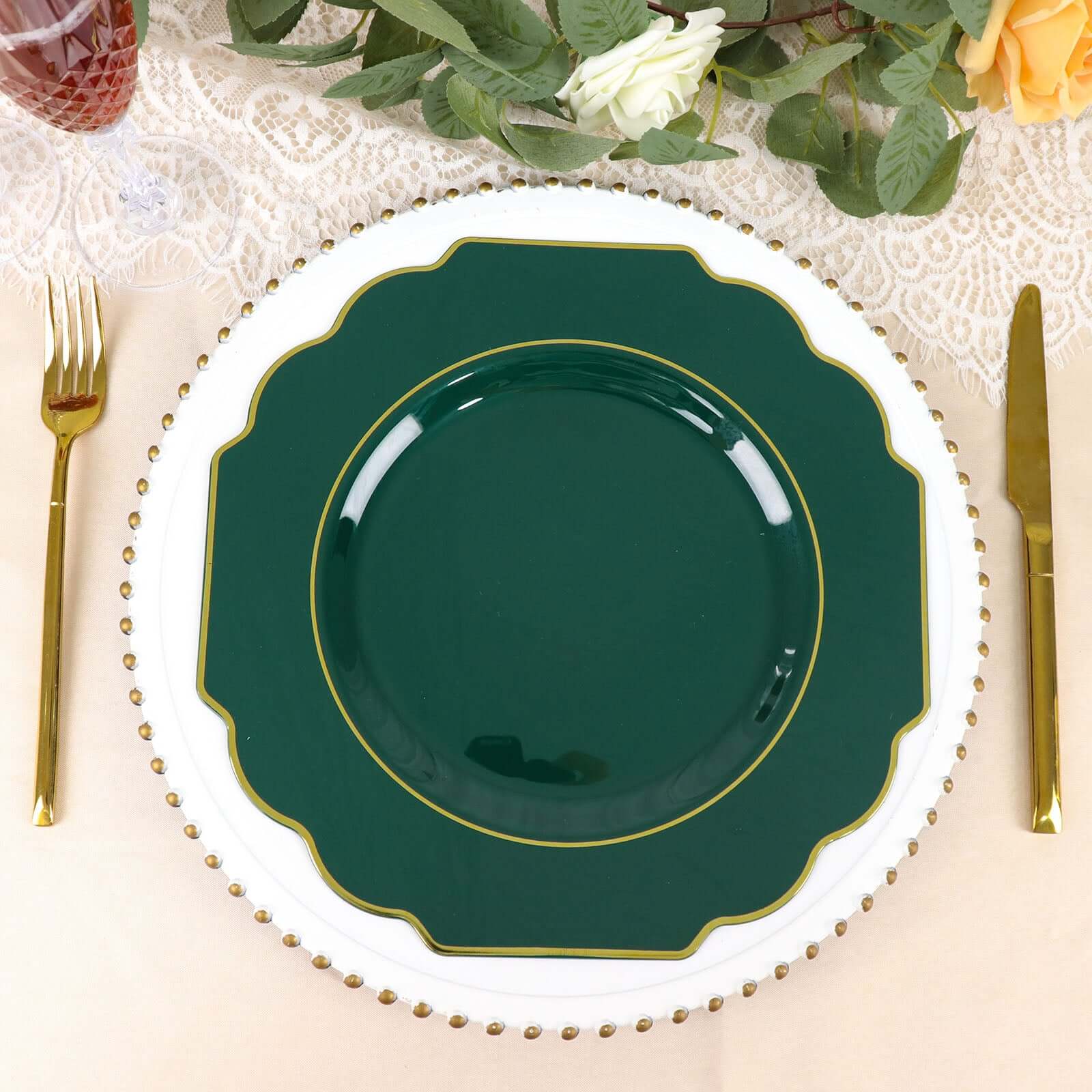 10-Pack Plastic Dinner Plates in Hunter Emerald Green Baroque Design with Scalloped Gold Rim - Heavy Duty Disposable Party Plates 11