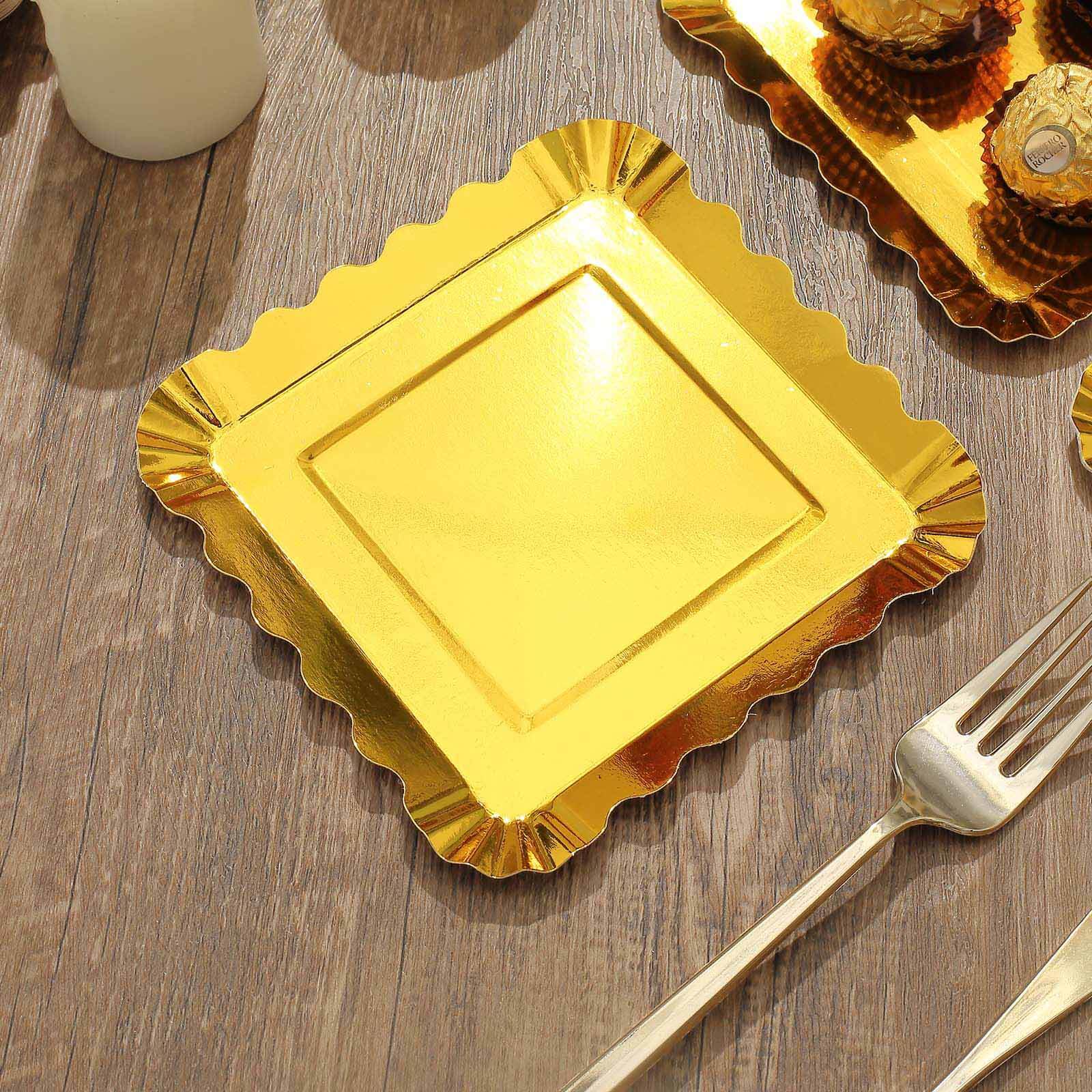 50-Pack Paper 5 Square Dessert Plates in Gold Foil with Scalloped Rim - Disposable Appetizer Plates for for Glam Gatherings & Special Occasions