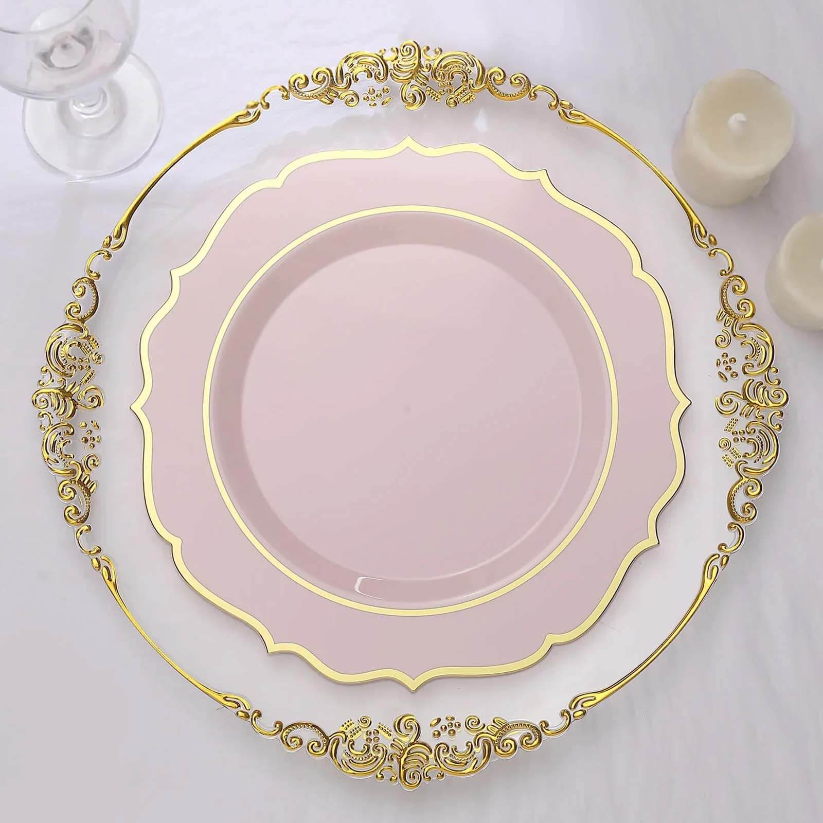 10-Pack Plastic 10 Round Dinner Plates in Blush with Gold Scalloped Rim - Disposable Party Plates