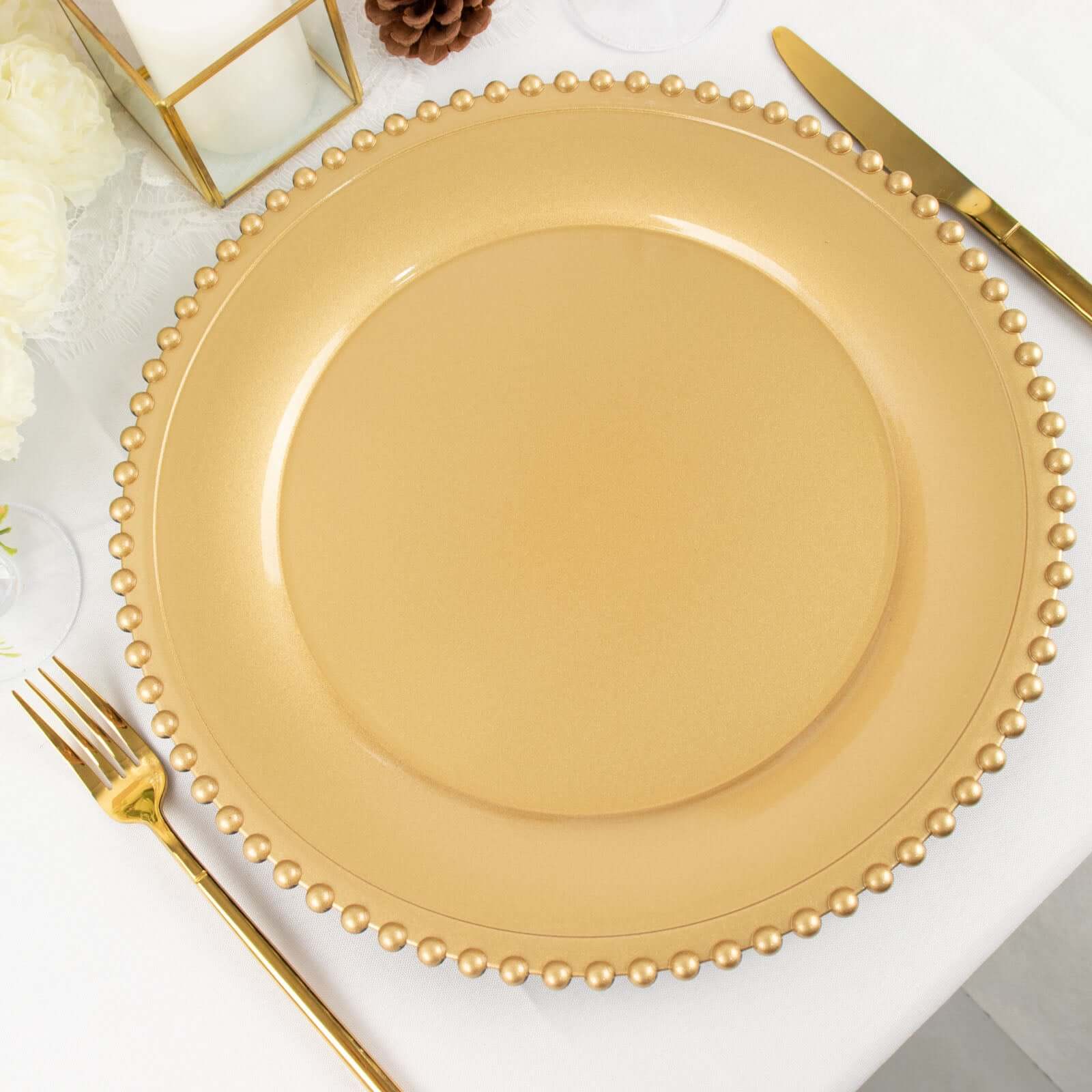 6-Pack Acrylic Round Charger Plates 13 in Gold with Beaded Rim, Decorative Dinner Party Charger Tableware