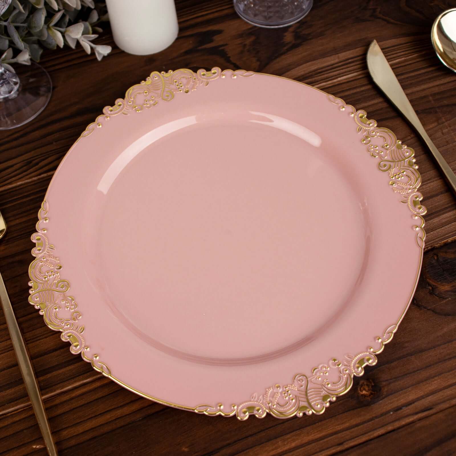 10-Pack Plastic 10 Round Dinner Plates in Dusty Rose with Gold Leaf Embossed Rim - Disposable Vintage Baroque Style Plates