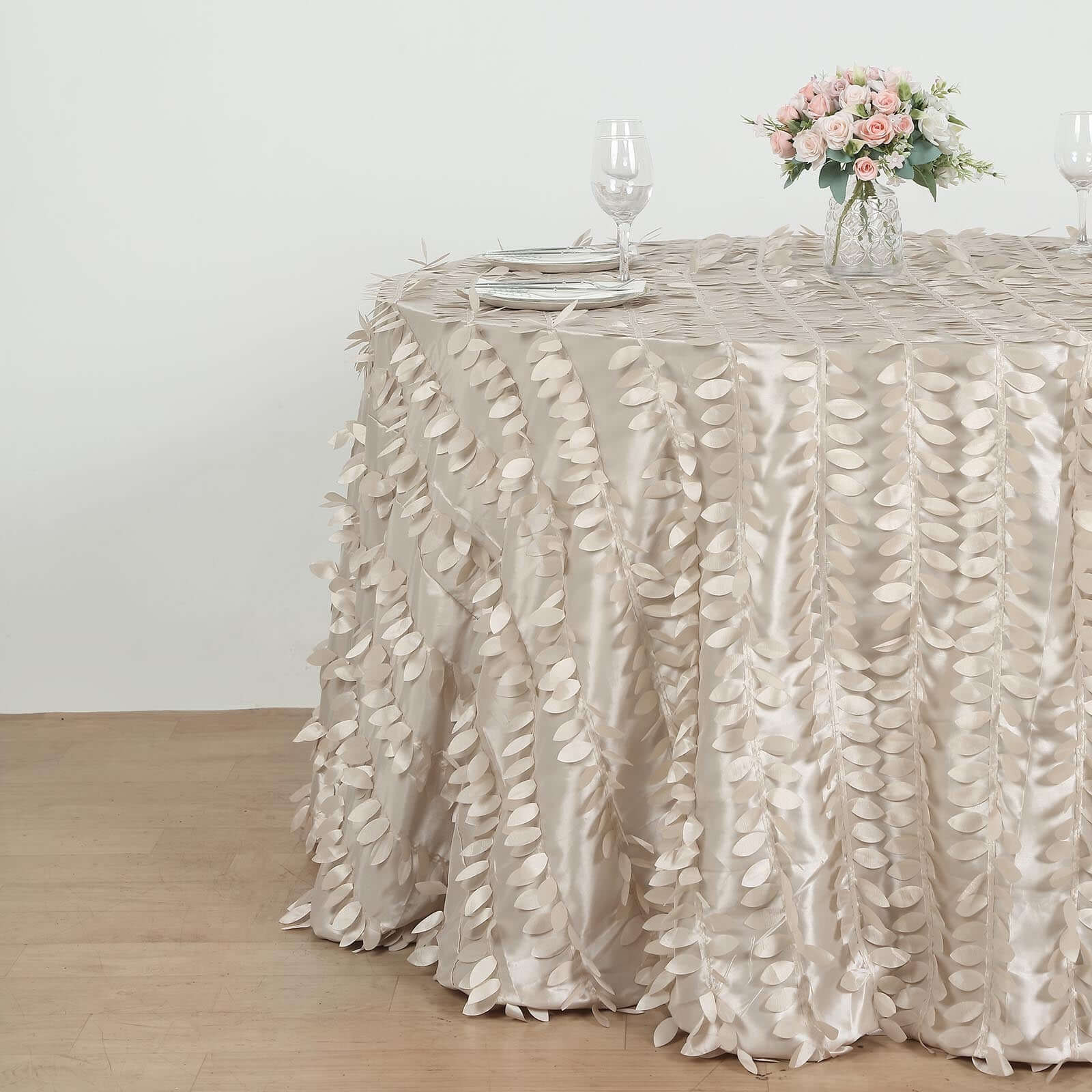 Taffeta 120 Round Tablecloth Beige 3D | 3D Leaf Petal Design Seamless Table Cover for Chic Wedding & Event Decor