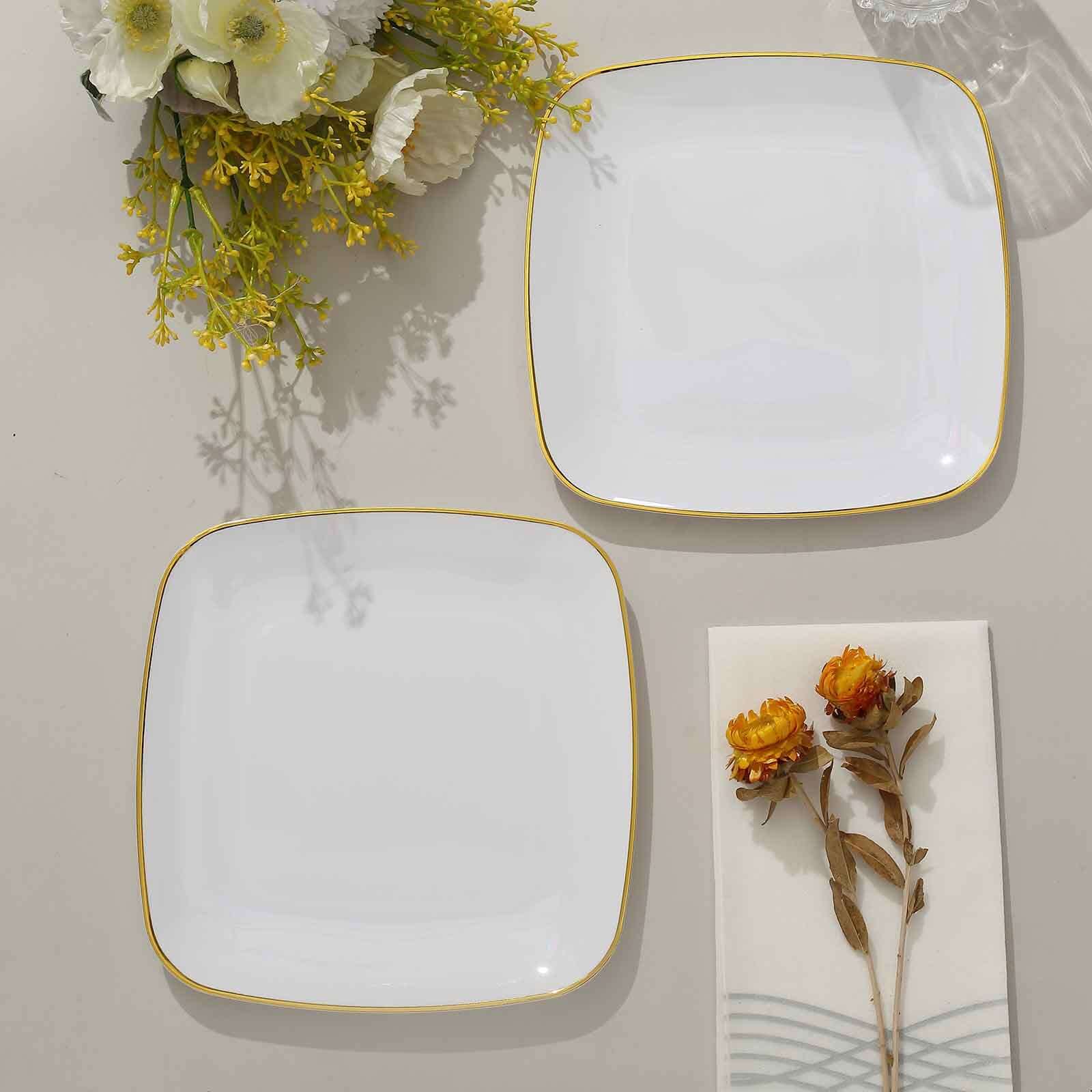 10-Pack Plastic 7 Square Dessert Plates in White with Gold Rim - Classy Disposable Appetizer Salad Plates for Weddings & Special Events