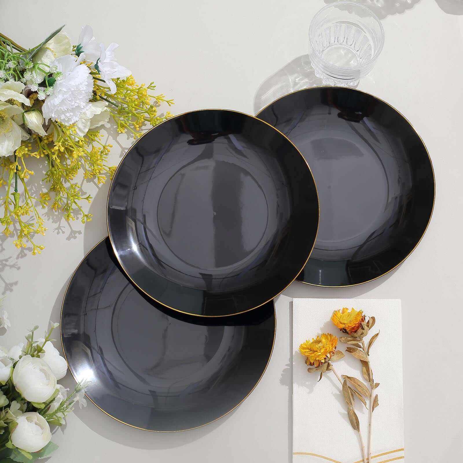 10-Pack Plastic 8 Round Dessert Plates in Black with Gold Rim - Glossy Disposable Appetizer Salad Plates