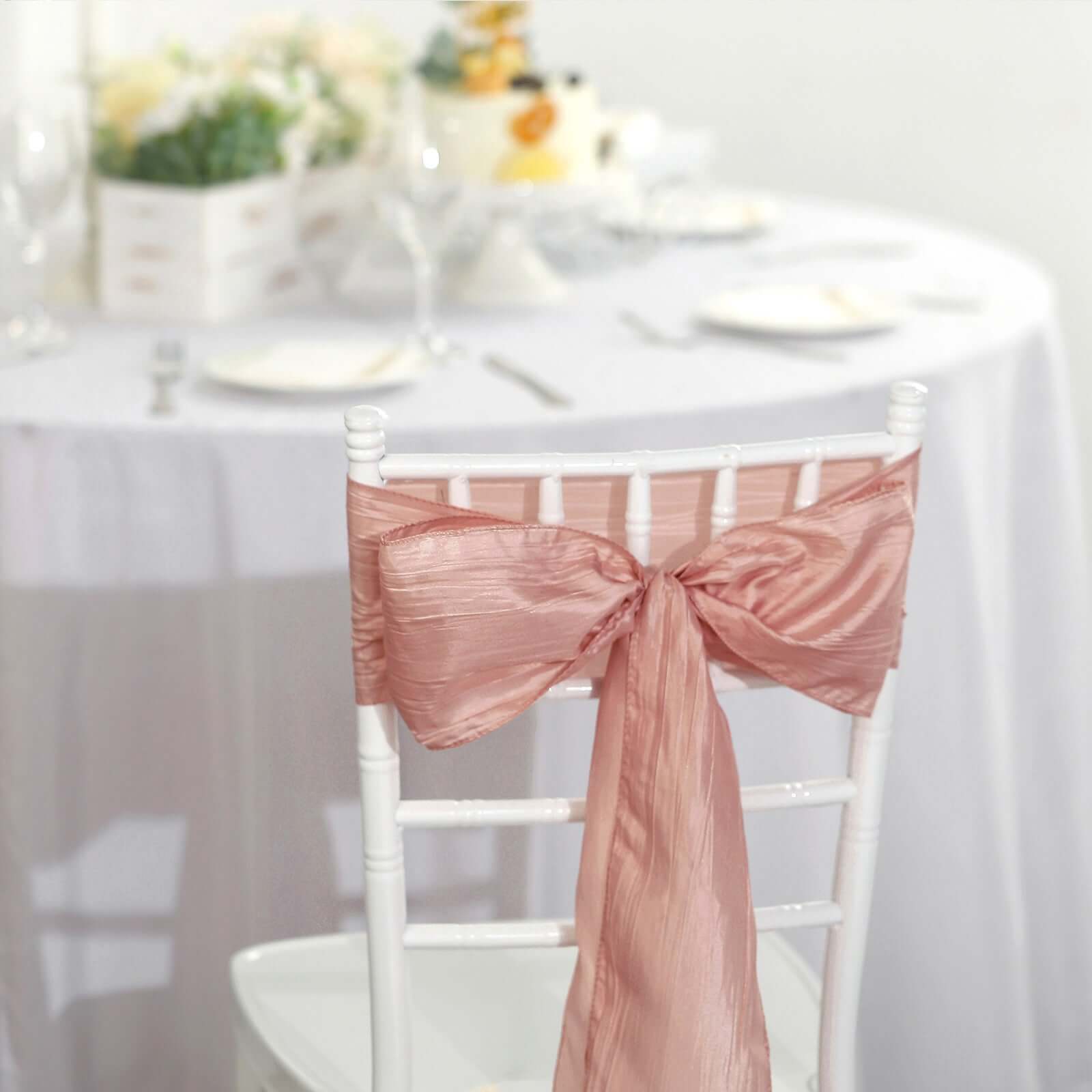 5 Pack Taffeta 6x106 Chair Sashes Dusty Rose Accordion Crinkle Texture - Stylish Decor for Weddings & Gatherings