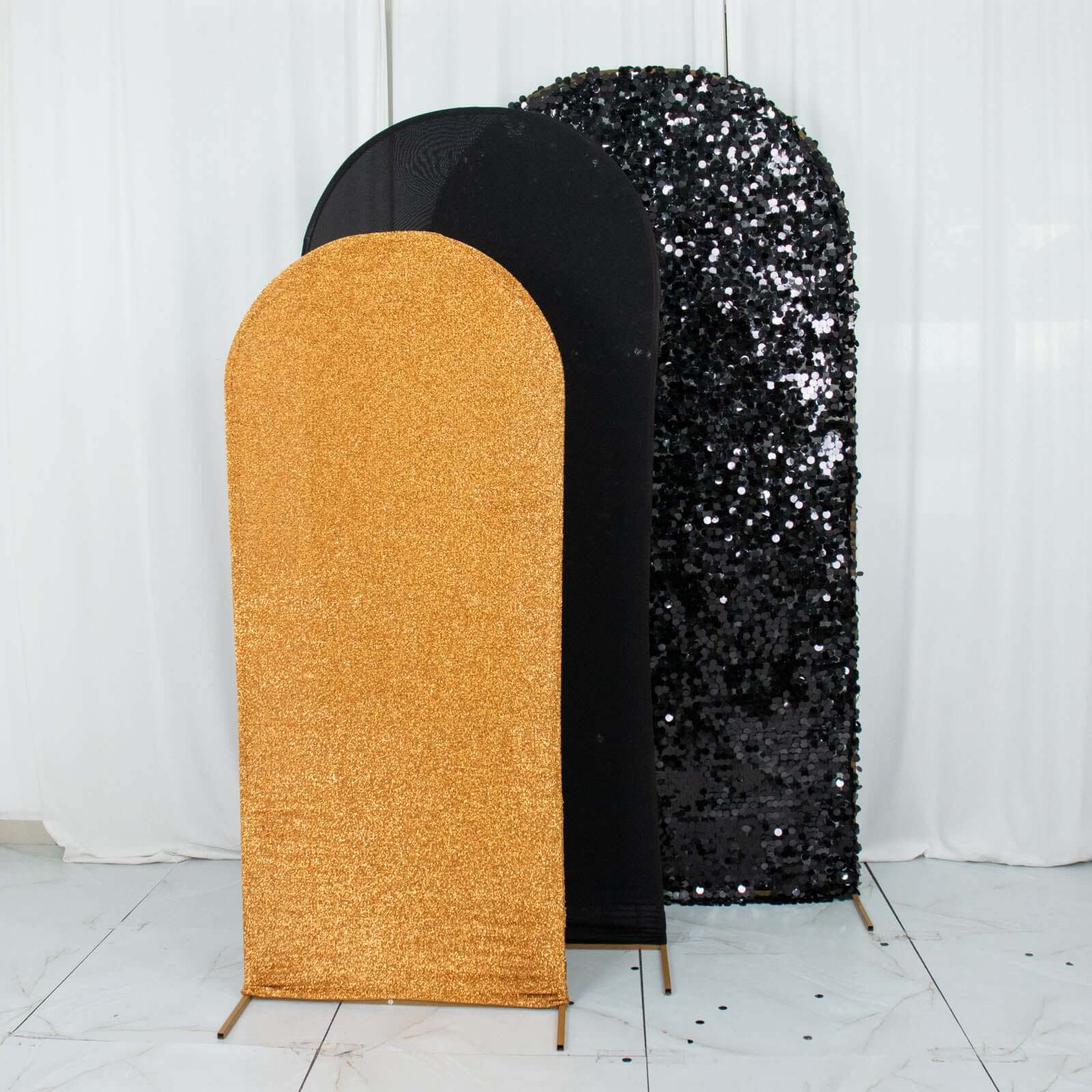 Set of 3 Black Gold Round Top Fitted Wedding Arch Frame Covers, Big Payette Sequin, Shimmer Tinsel and Matte Spandex Backdrop Stand Covers