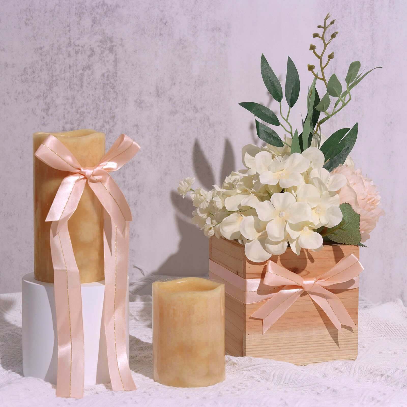 50 PCs 10 Blush Pre Tied Ribbon Bows, Satin Ribbon With Gold Foil Lining For Gift Basket and Party Favors Decor