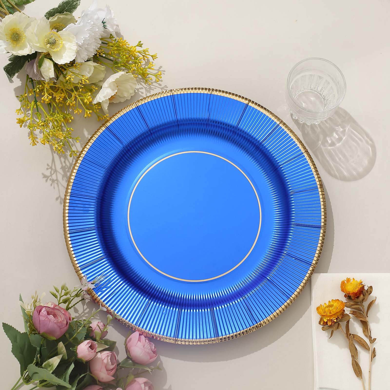 25-Pack Disposable Round Charger Plates in Royal Blue Sunray Design with Gold Rim - 350GSM Heavy Duty Paper Chargers 13