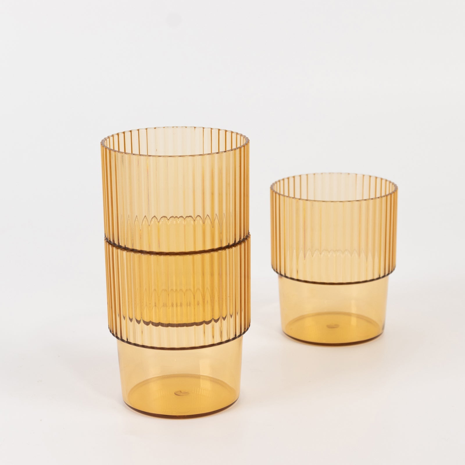 12-Pack Plastic Short Drinking Glasses Amber Gold Ribbed Pattern Stackable - Reusable Tumblers 7oz