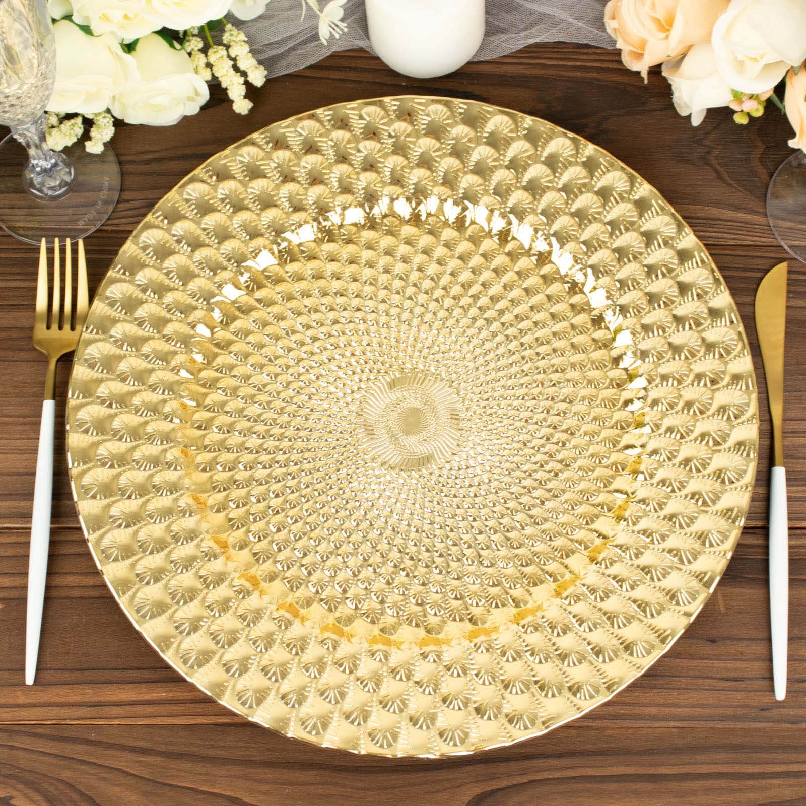 6-Pack Plastic Round Charger Plates 13 in Gold with Peacock Pattern, Exquisite Decorative Dinner Party Charger Tableware