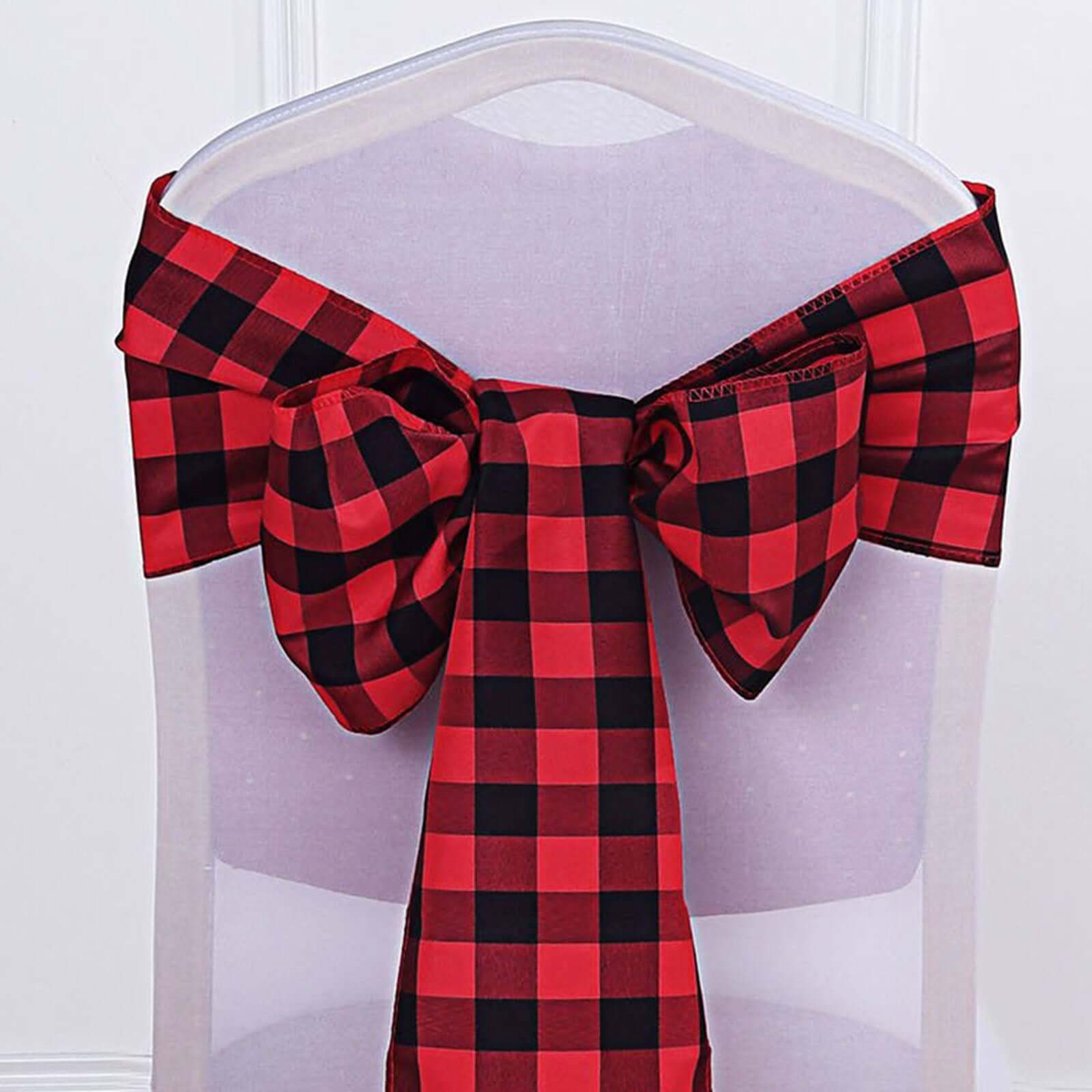 5 Pack Polyester Chair Sashes Black/Red Buffalo Plaid - Durable & Reusable Chair Bows 6x108