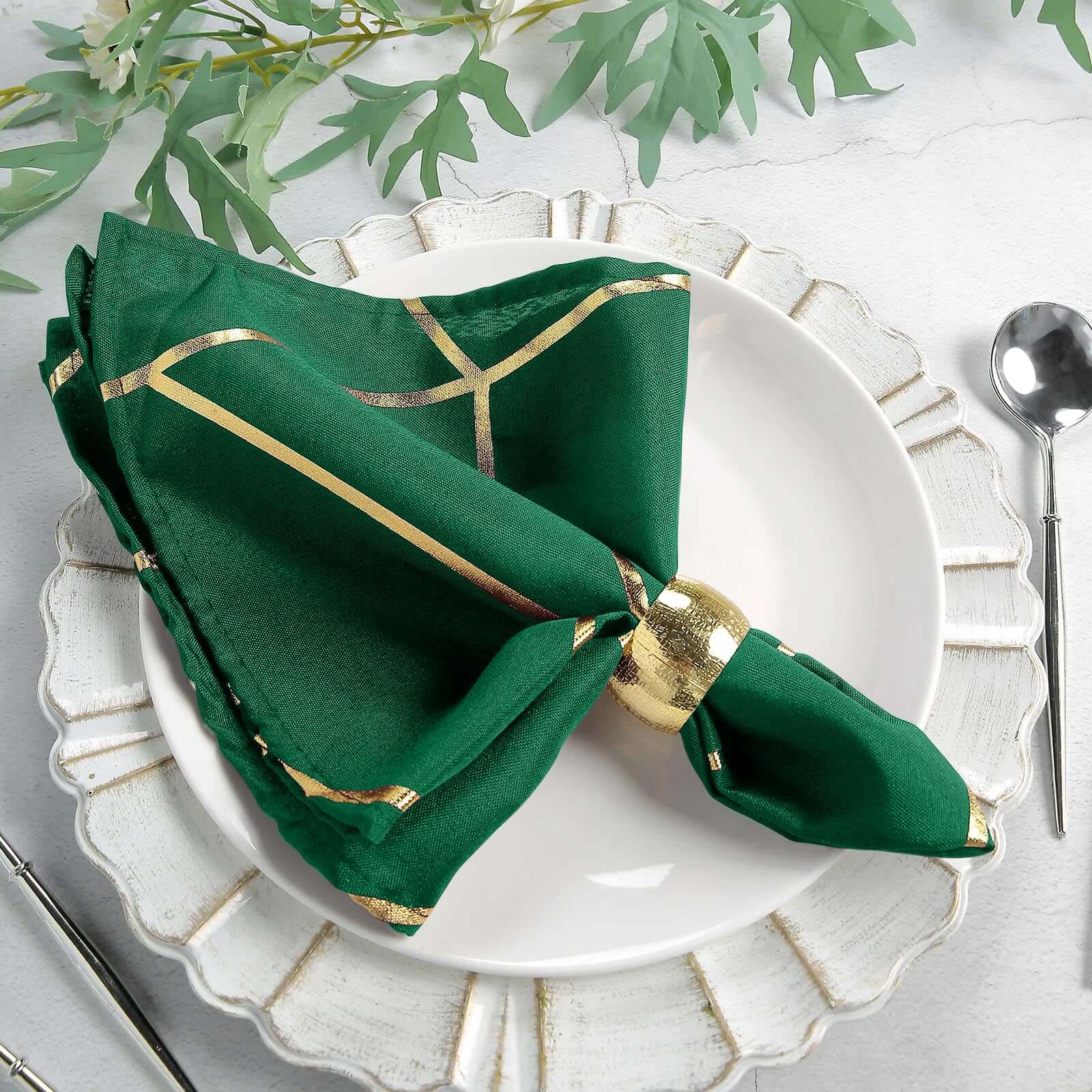 5 Pack Polyester 20x20 Napkins Hunter Emerald Green with Gold Geometric Foil Pattern - Modern Reusable Dinner Napkins