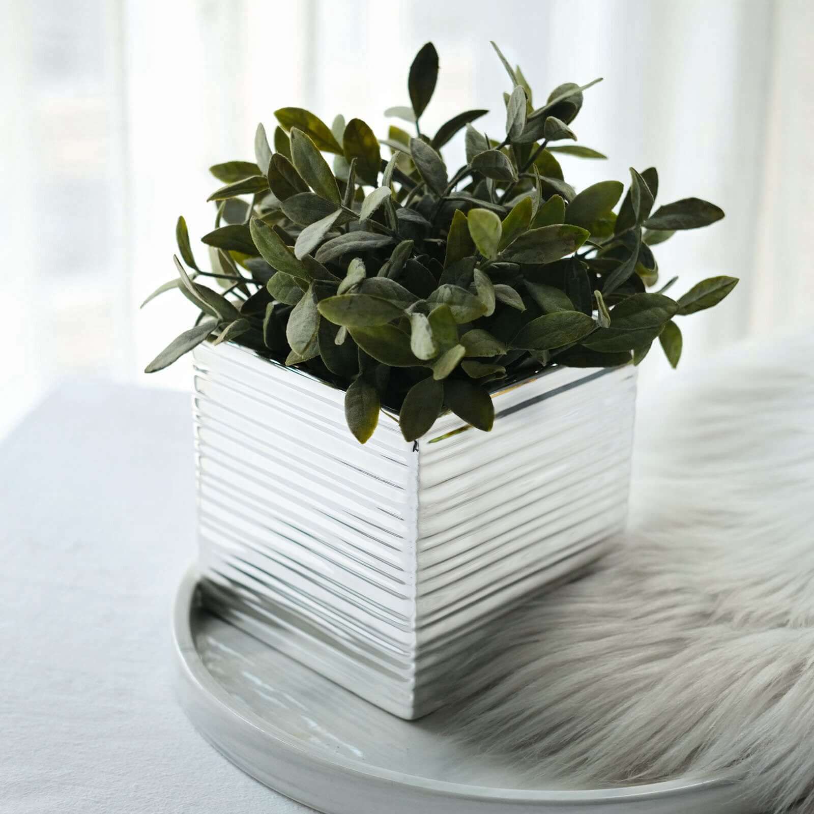 2 Pack 5 Silver Brush Textured Ceramic Square Indoor Plant Pots, Cube Shaped Flower Box