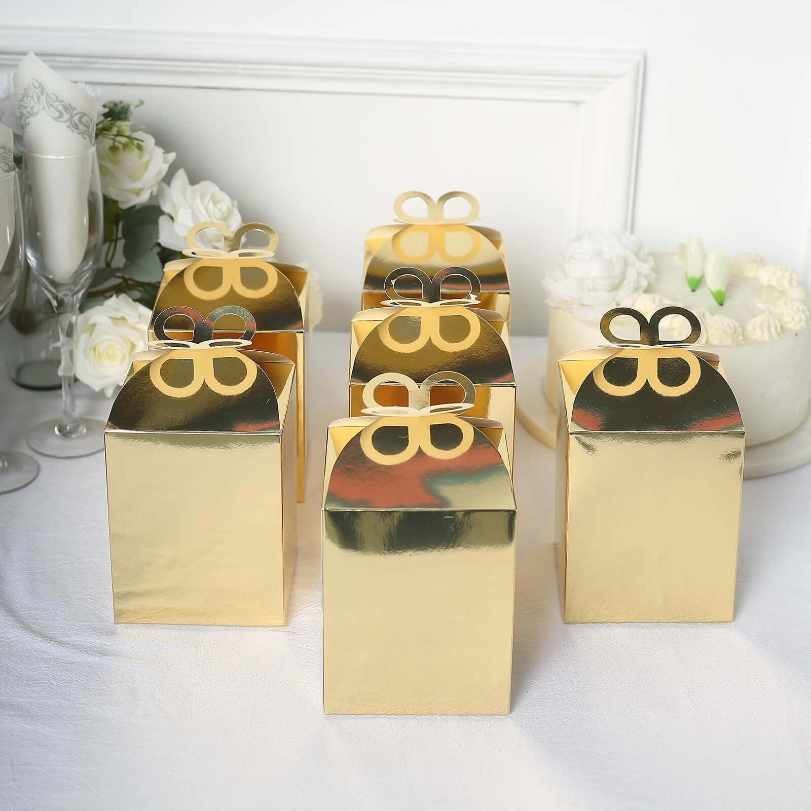 25 Pack Metallic Gold Foil Butterfly Top Premium Party Favor Boxes, Cardstock Candy Gift Boxes - 250 GSM