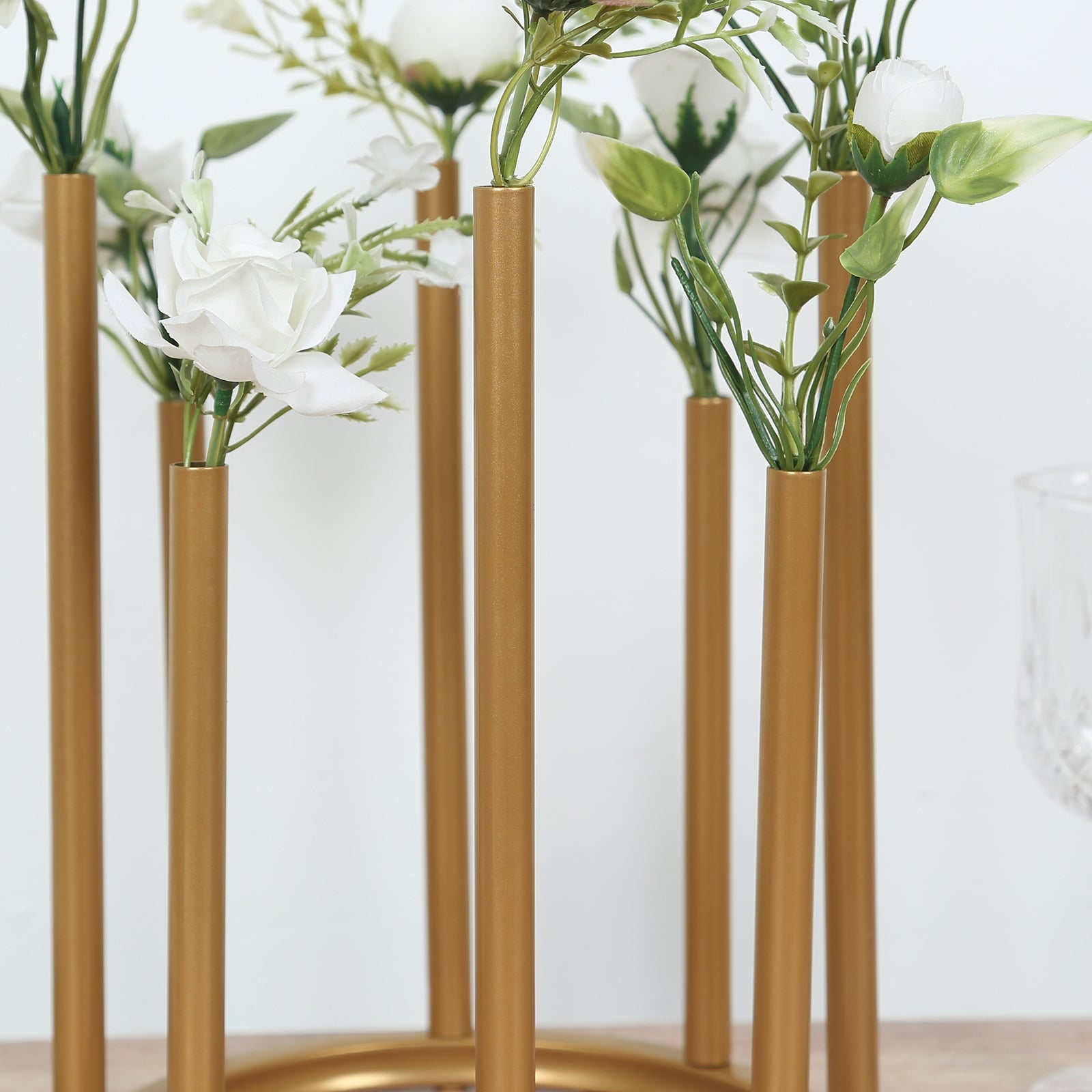 Flower Vase Gold Metal Minimalist 8-Tubes Round Base Design - Single Stem Bud Centerpiece for Arrangements 10