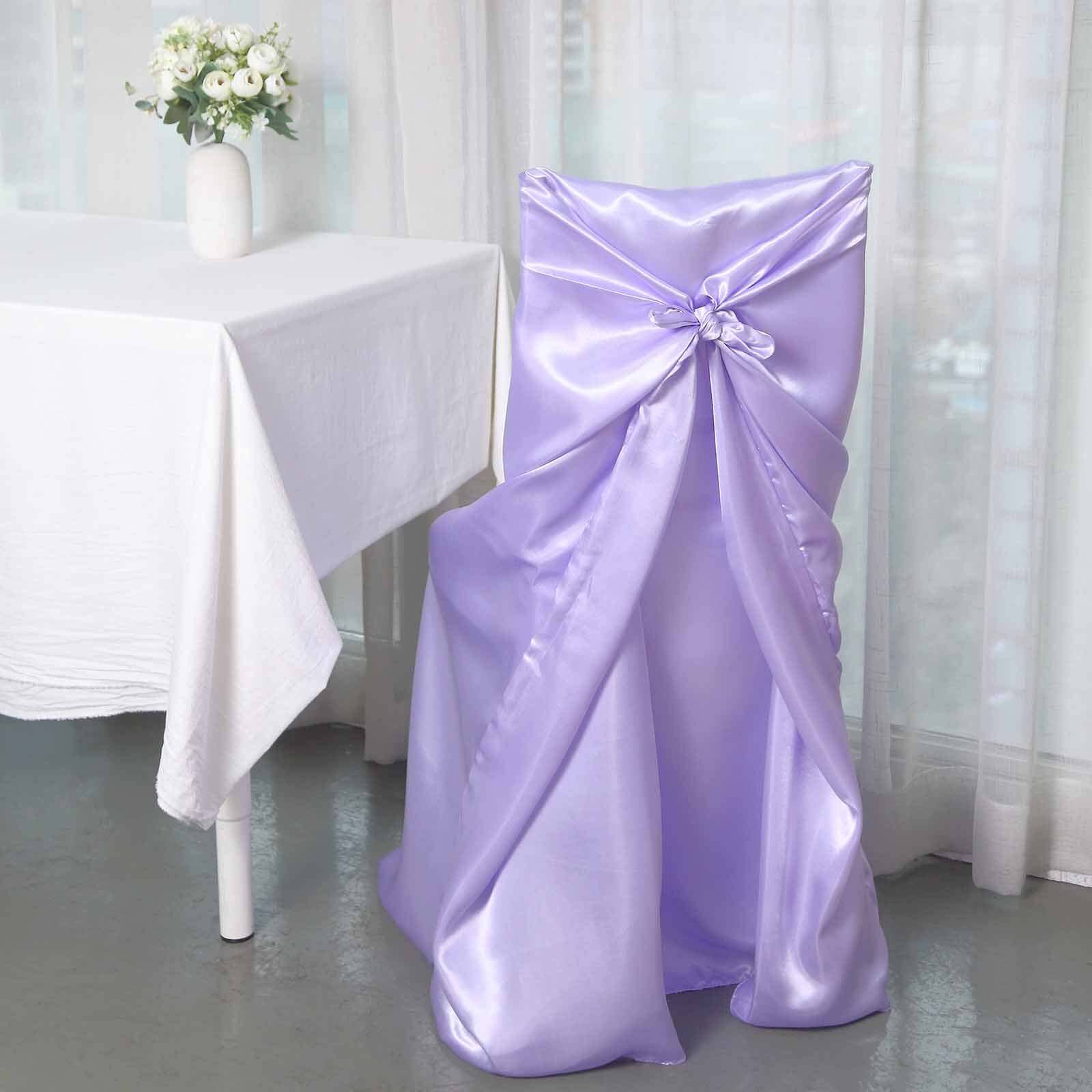 Satin Chair Cover Self-Tie Universal Design Lavender Lilac - Durable Slip-On Cover for Folding, Dining, Banquet & Standard Chairs