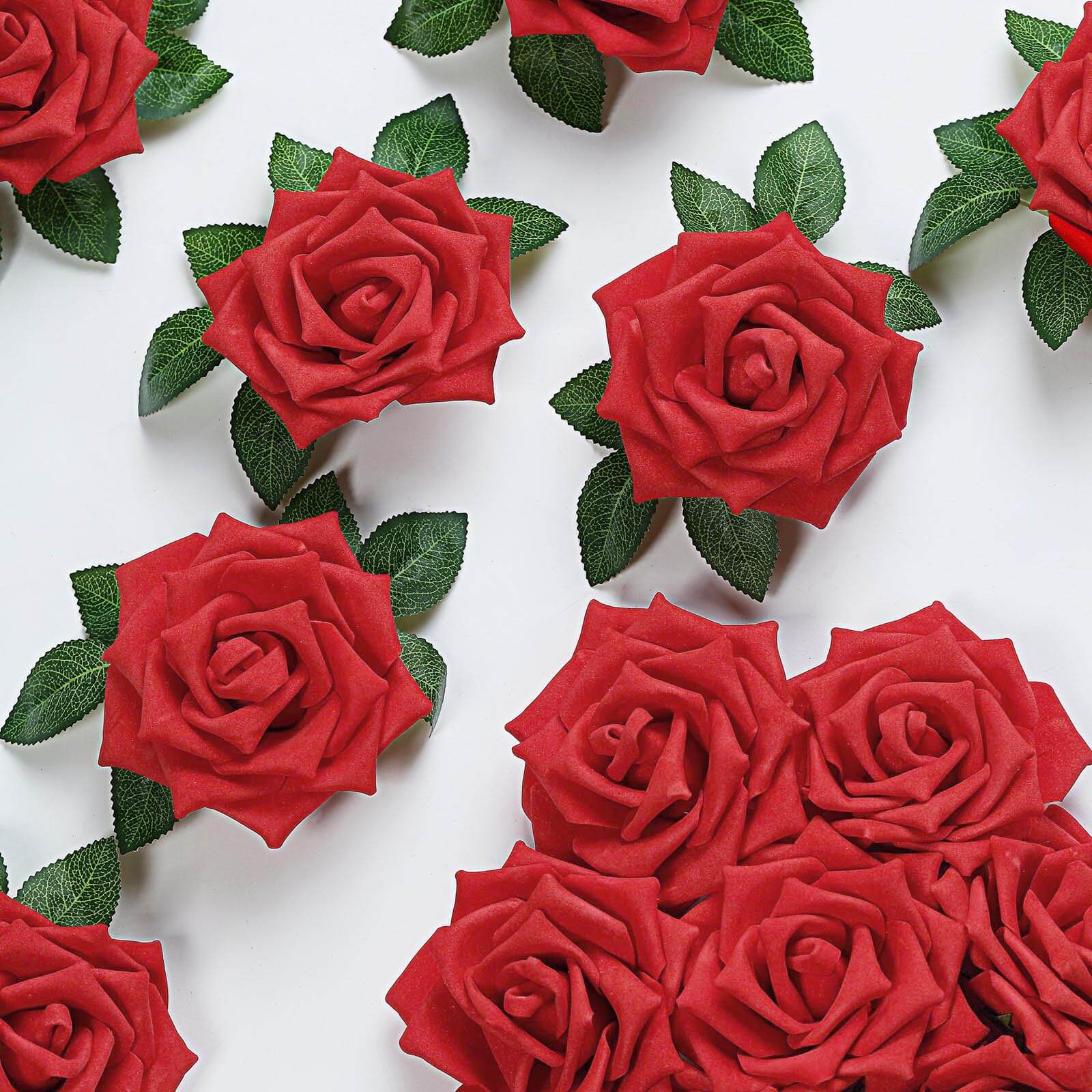 24 Roses 5 Red Artificial Foam Flowers With Stem Wire and Leaves