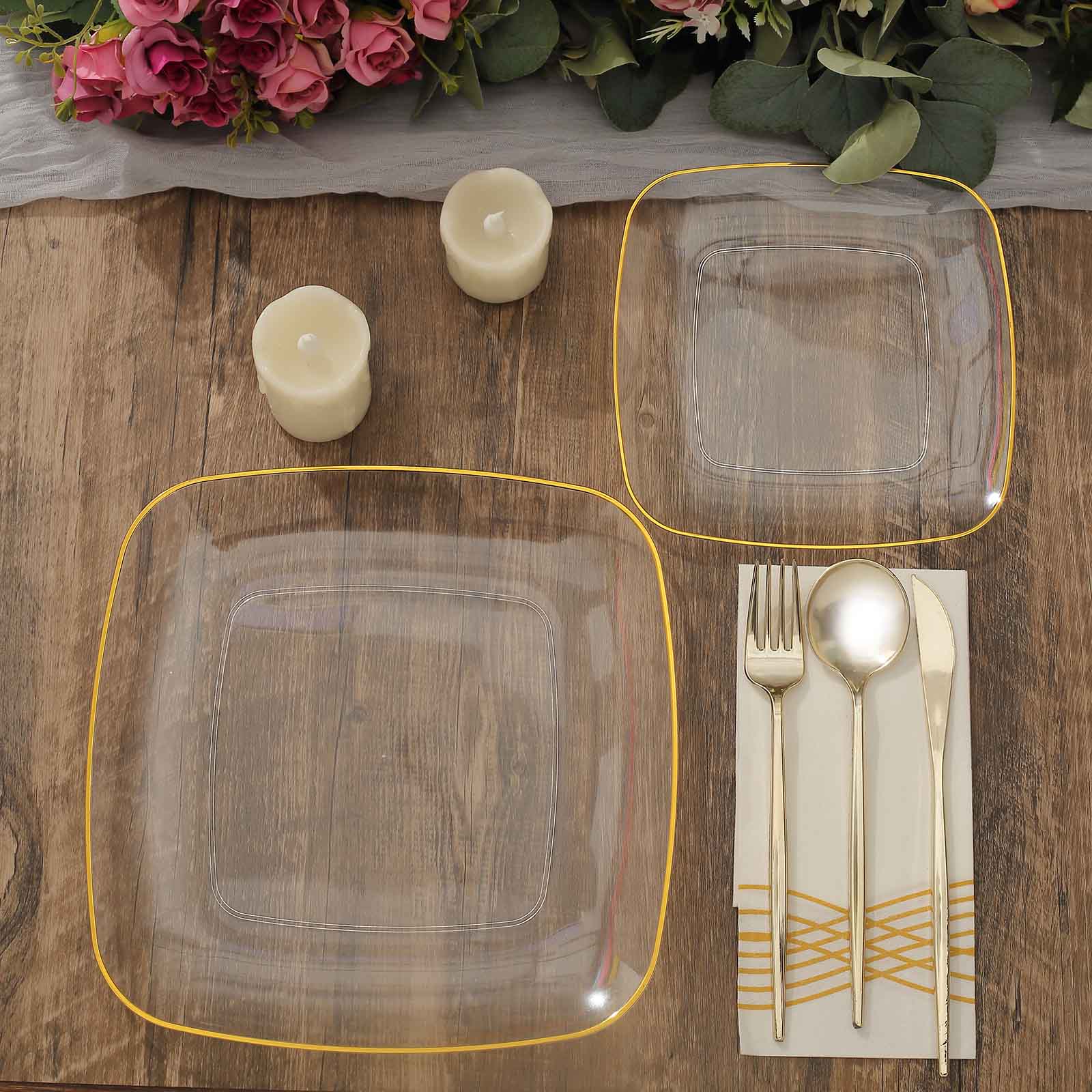 10-Pack Plastic 7 Square Dessert Plates in Clear with Gold Rim - Classy Disposable Appetizer Salad Plates