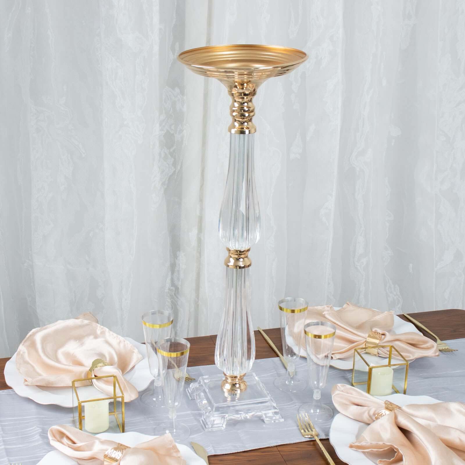 Acrylic Crystal Pillar Candle Stand Gold/Clear - Table Centerpiece and Wedding Flower Bowl Pedestal 24