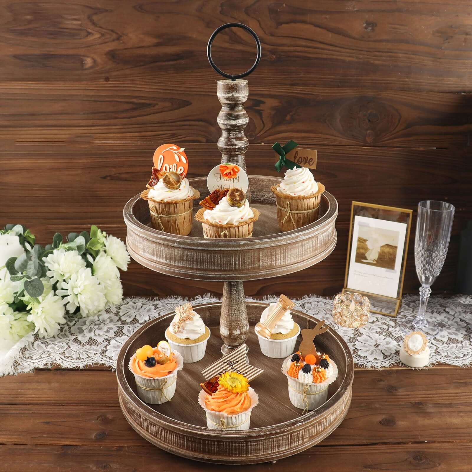 2-Tier Wooden Serving Tray Stand Rustic Brown Design - Farmhouse Style Cupcake Display 20