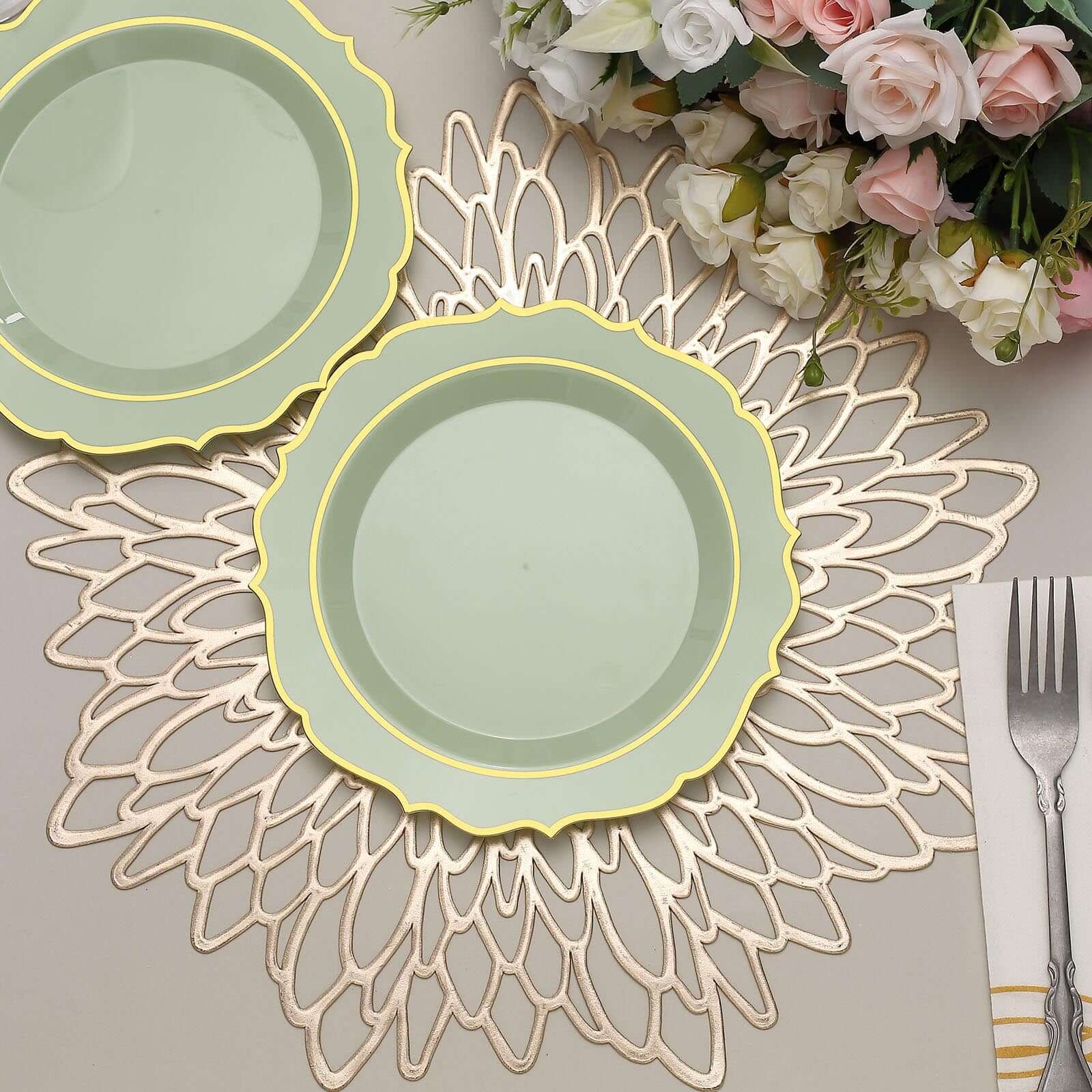 10-Pack Plastic 8 Round Desert Plates in Sage Green with Gold Scalloped Rim - Disposable Appetizer/Salad Plates