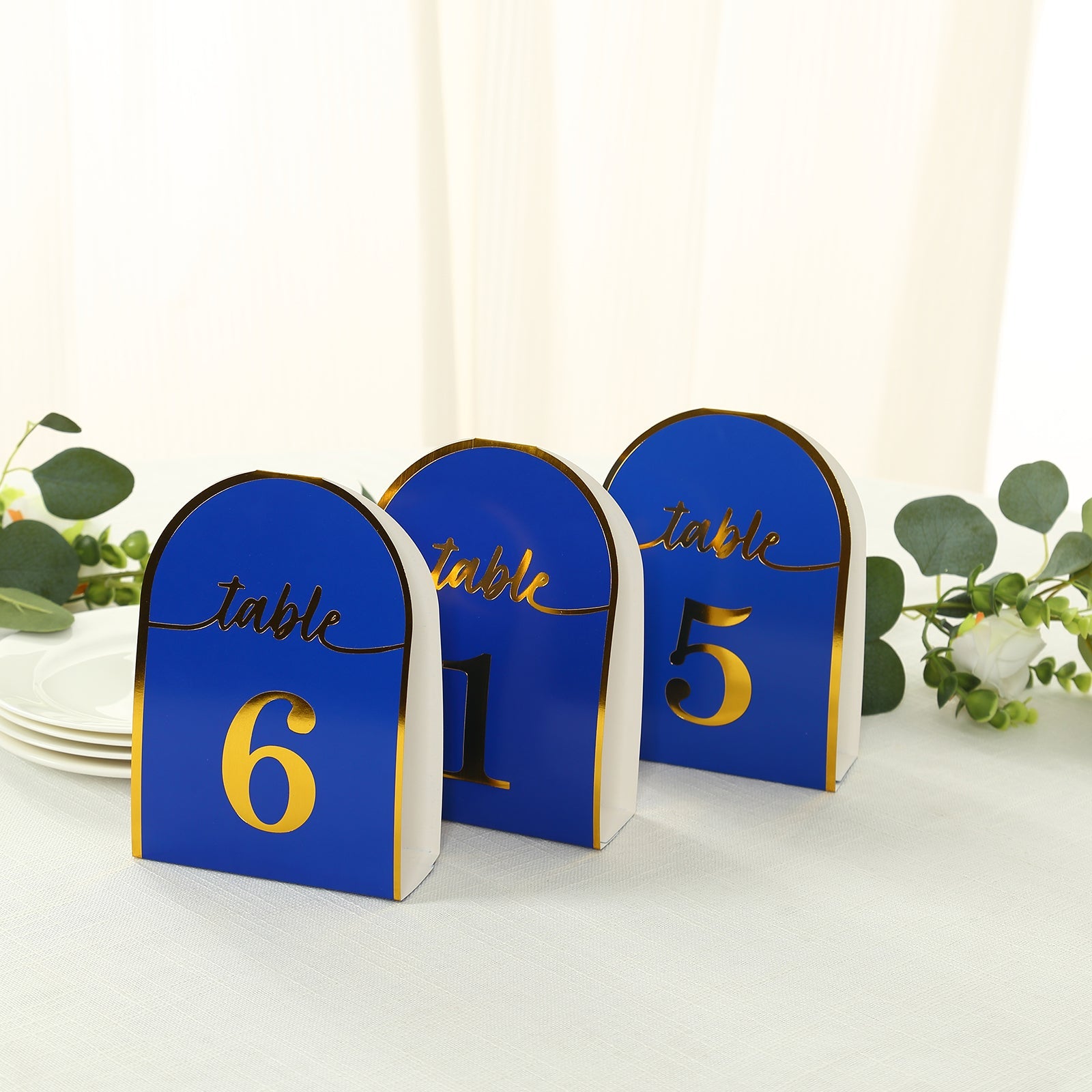 25-Pack Paper Wedding Table Numbers 1-25 Royal Blue Arch Cutout Design - Sleek & Modern Free Standing Double Sided Table Tent Cards with Metallic Gold Foil Numbers 7