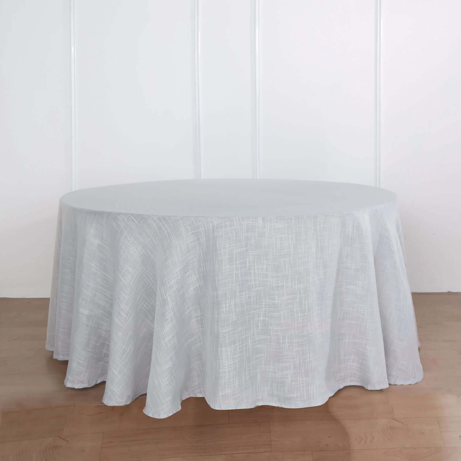 Faux Linen 120 Round Tablecloth Silver - Slubby Texture Wrinkle-Resistant Seamless Table Cover