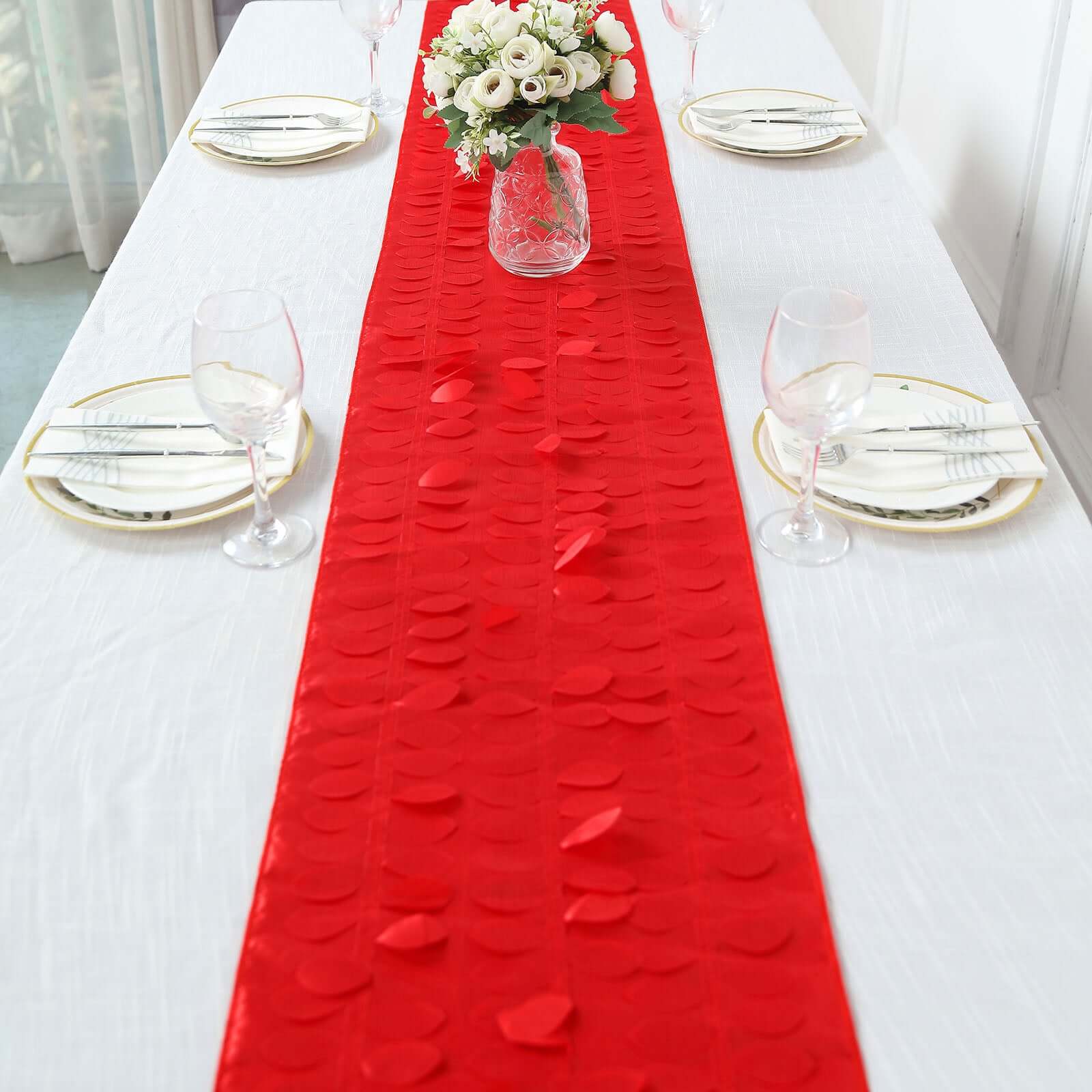 Taffeta Fabric 12x108 Table Runner Red - 3D Leaf Petal Design