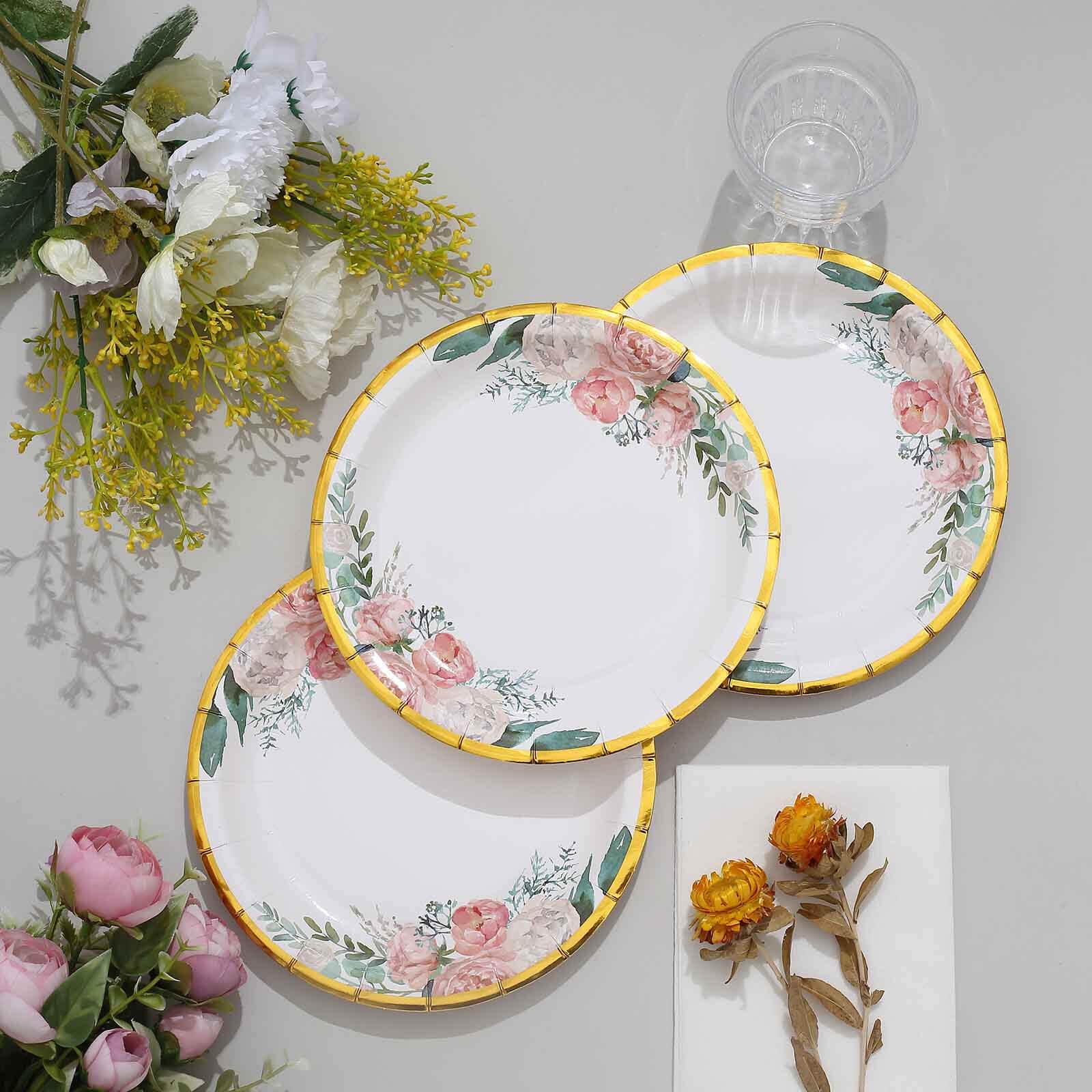 25-Pack Paper 7 Round Dessert Plates in White with Peony Floral Design & Gold Rim - Disposable Floral Salad Appetizer Plates for Brunches & Afternoon Teas