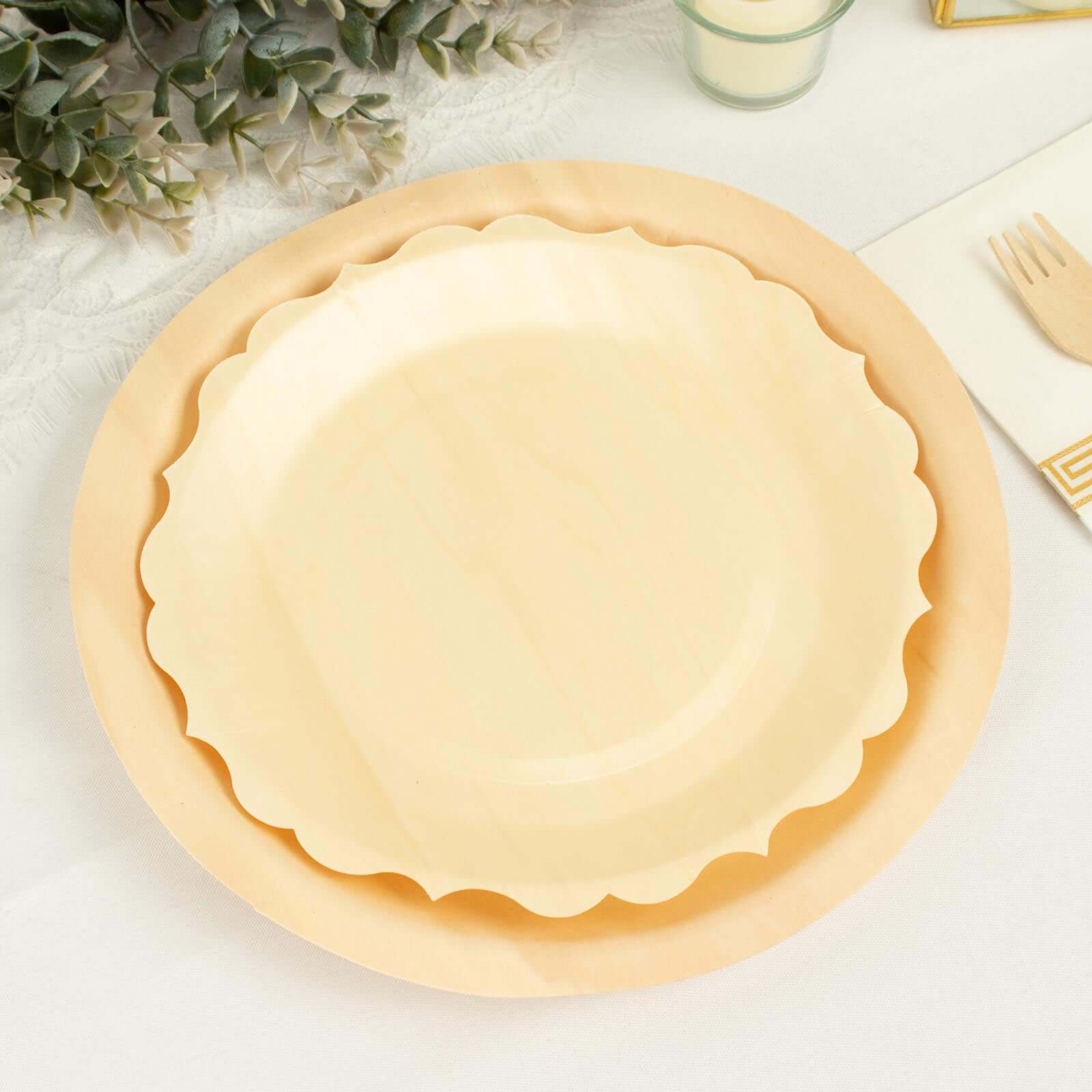 12-Pack Birchwood 9 Round Dinner Plates in Natural with Scalloped Rim - Eco Friendly Wooden Disposable Plates for Farmhouse-Style Events, Parties & Gatherings