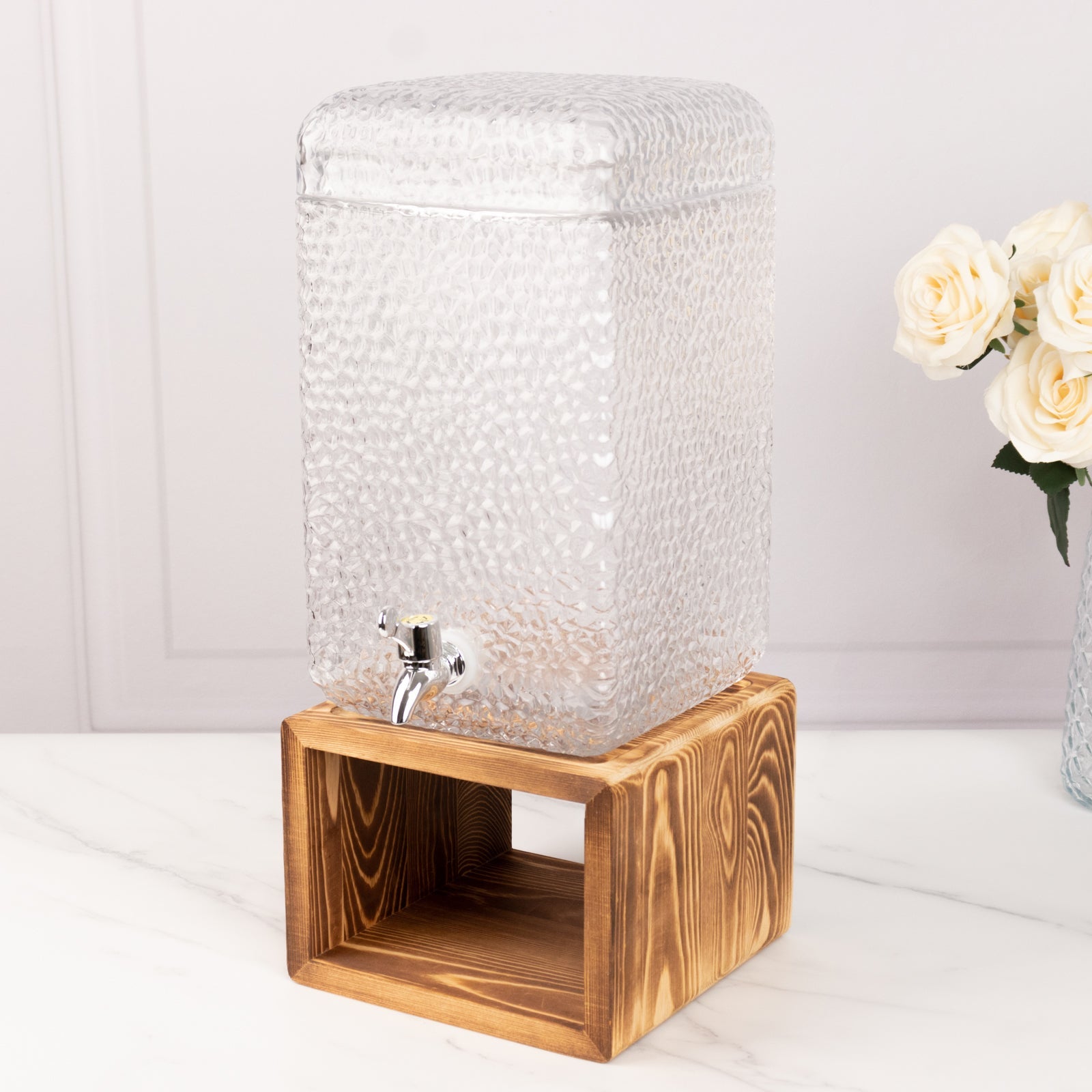 Gallon Clear Hammered Glass Beverage Dispenser, Rectangular Juice Jar with Wooden Stand and Lid - Lead-Free Countertop Feature 19