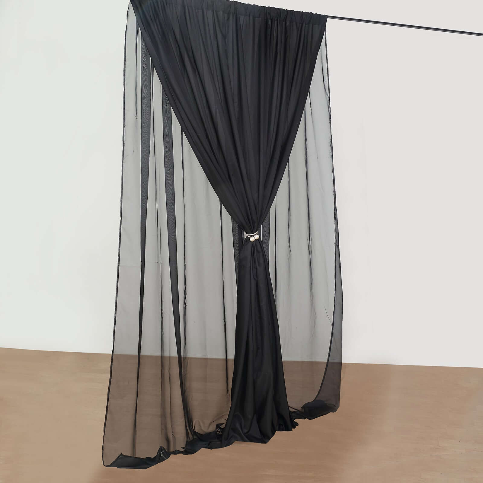 Black Chiffon Polyester Event Curtain Drapes, Dual Layer Divider Backdrop Curtain Panels with Rod Pockets - 10ftx10ft