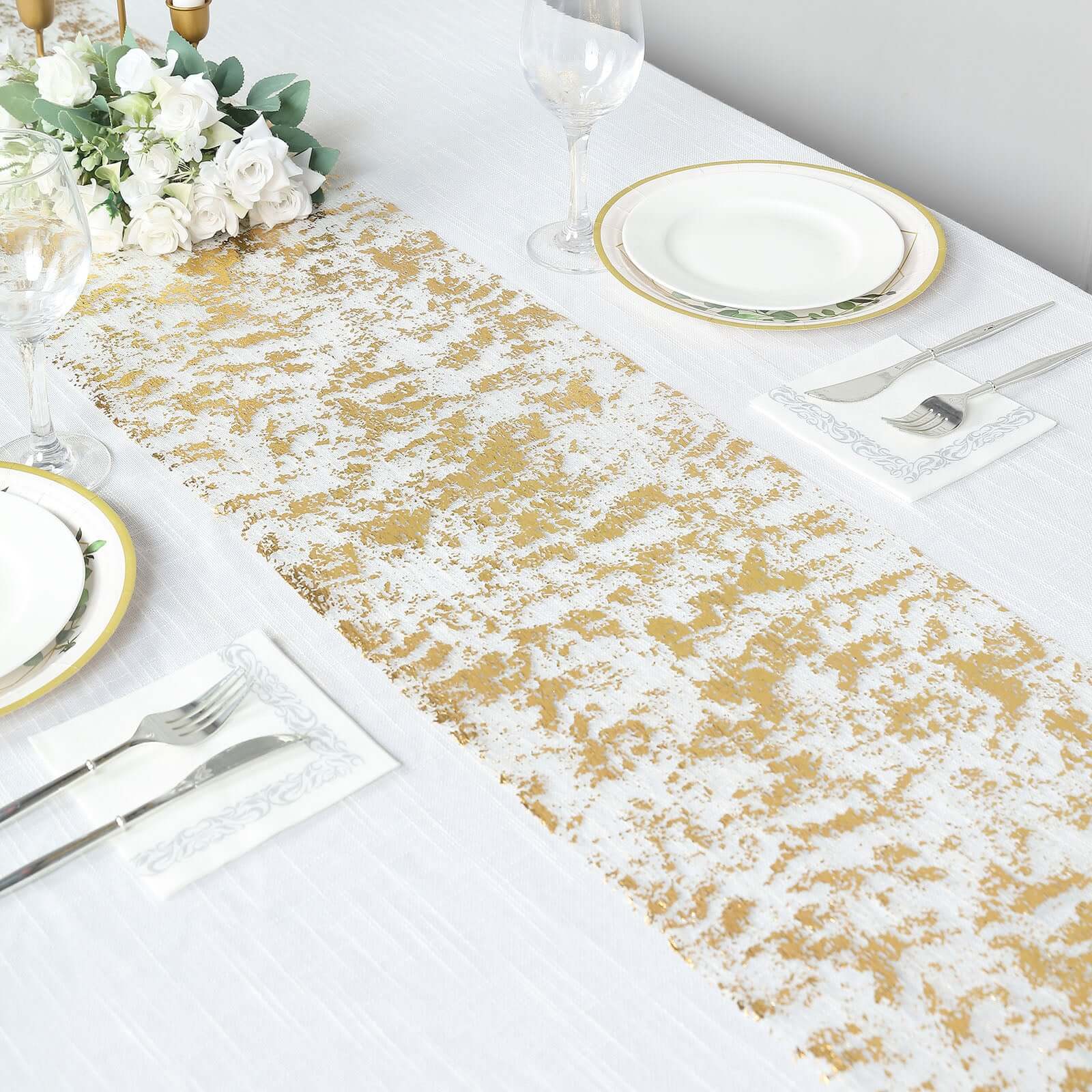 Mesh Polyester 108 Table Runner Roll Metallic Gold Distressed Foil Printing Design - Disposable Stylish Party Table Decor