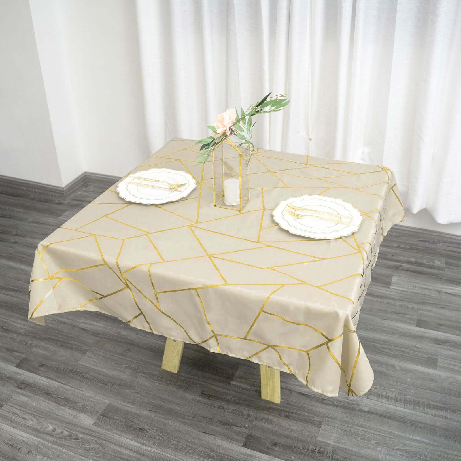 Polyester 54x54 Square Tablecloth Beige with Gold Foil Geometric Pattern - Wrinkle-Resistant & Durable Table Cover