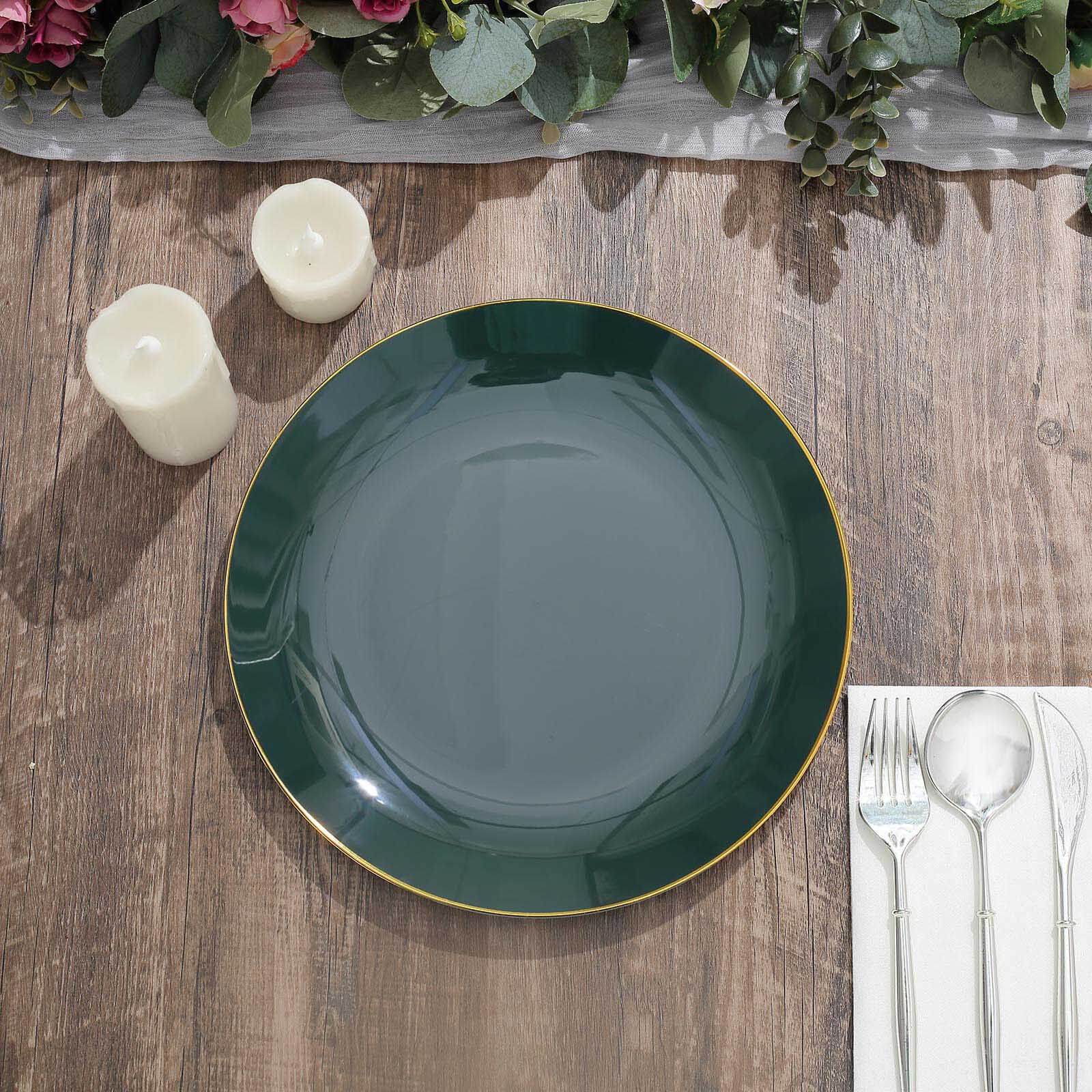 10-Pack Plastic 10 Round Dinner Plates in Hunter Emerald Green with Gold Rim - Glossy Disposable Party Plates