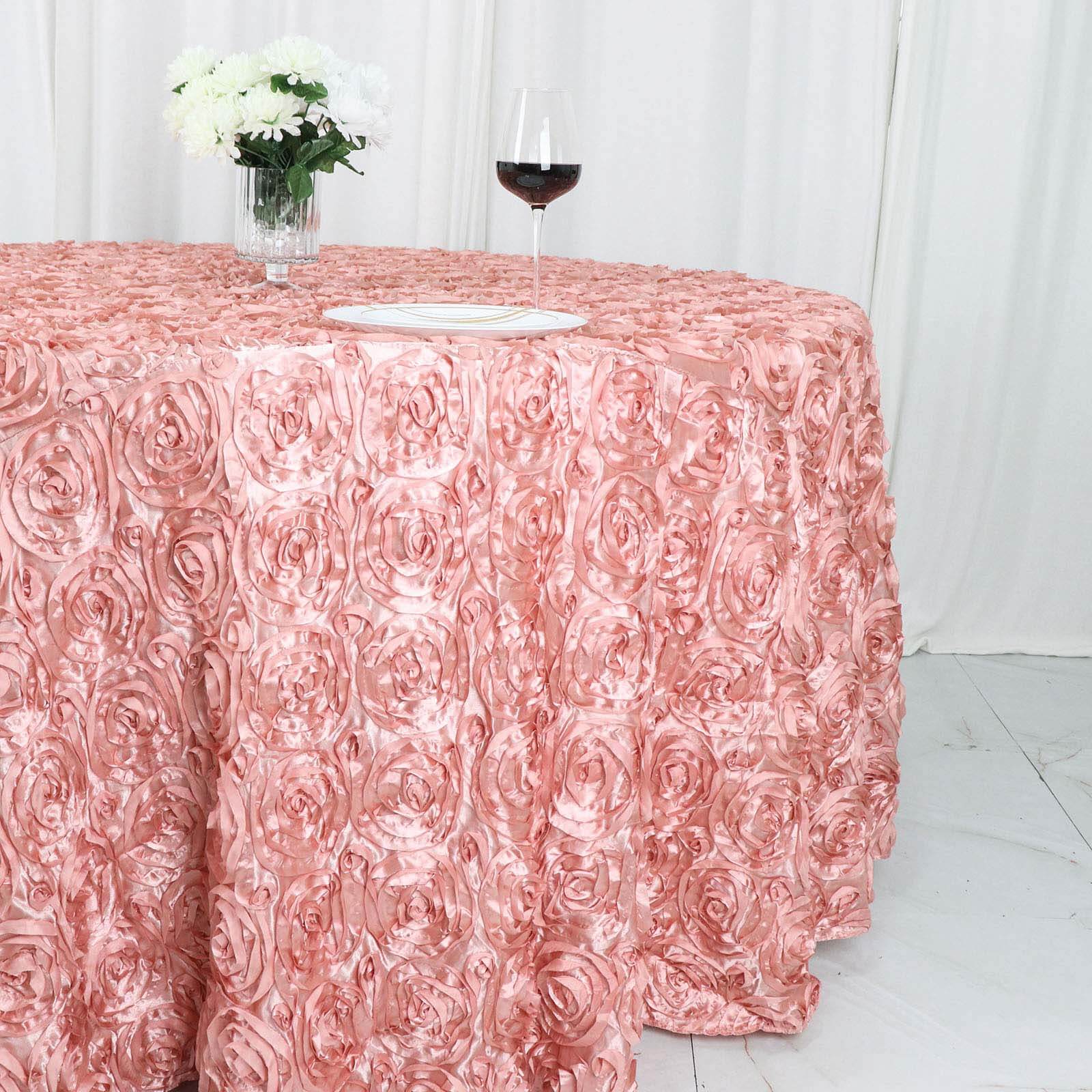 Satin 120 Round Tablecloth Dusty Rose - Grandiose 3D Rosette with Seamless Finish Table Cover