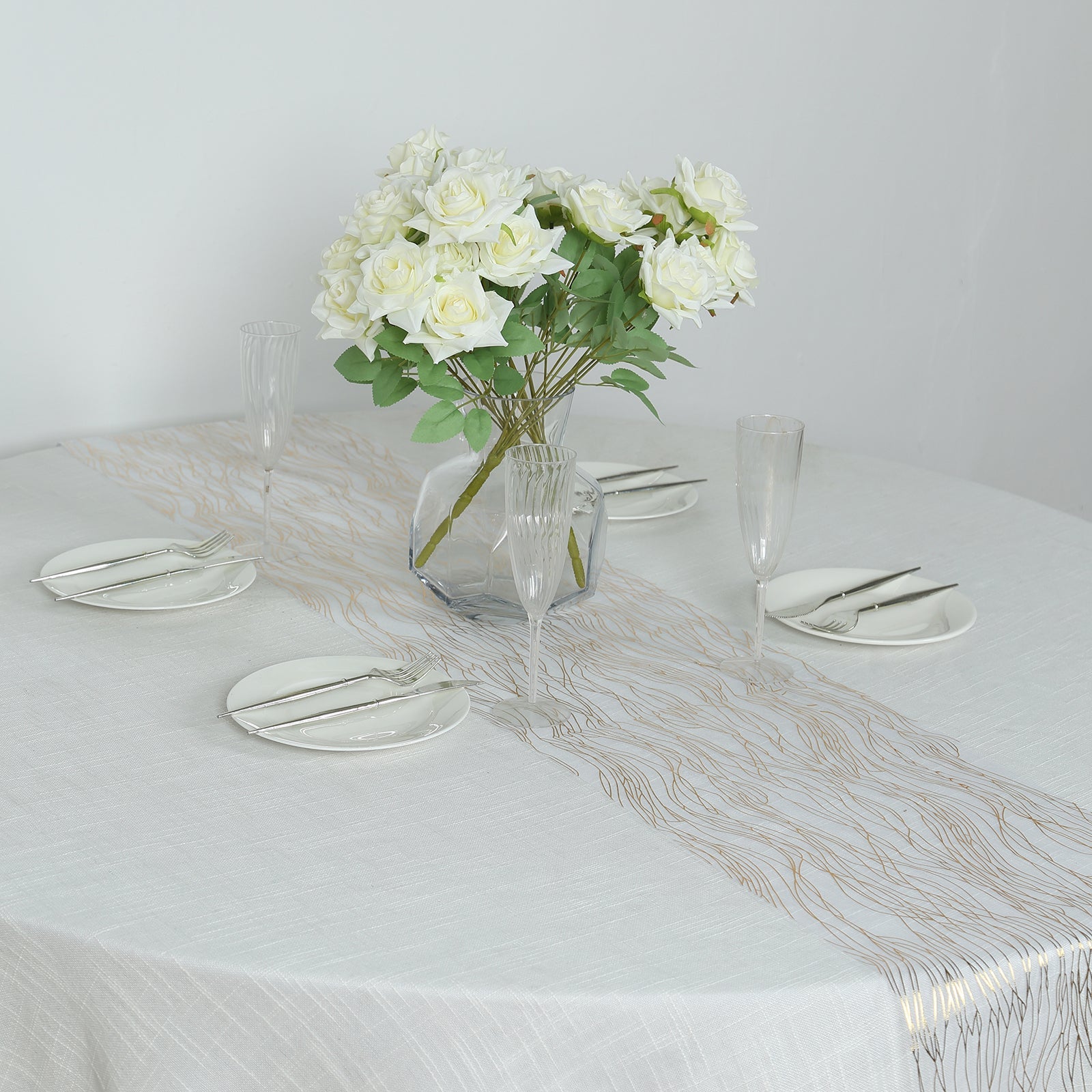 5 Pack Organza 12x108 Table Runners White with Gold Foil Wave Design - Disposable Stylish Event Decoration