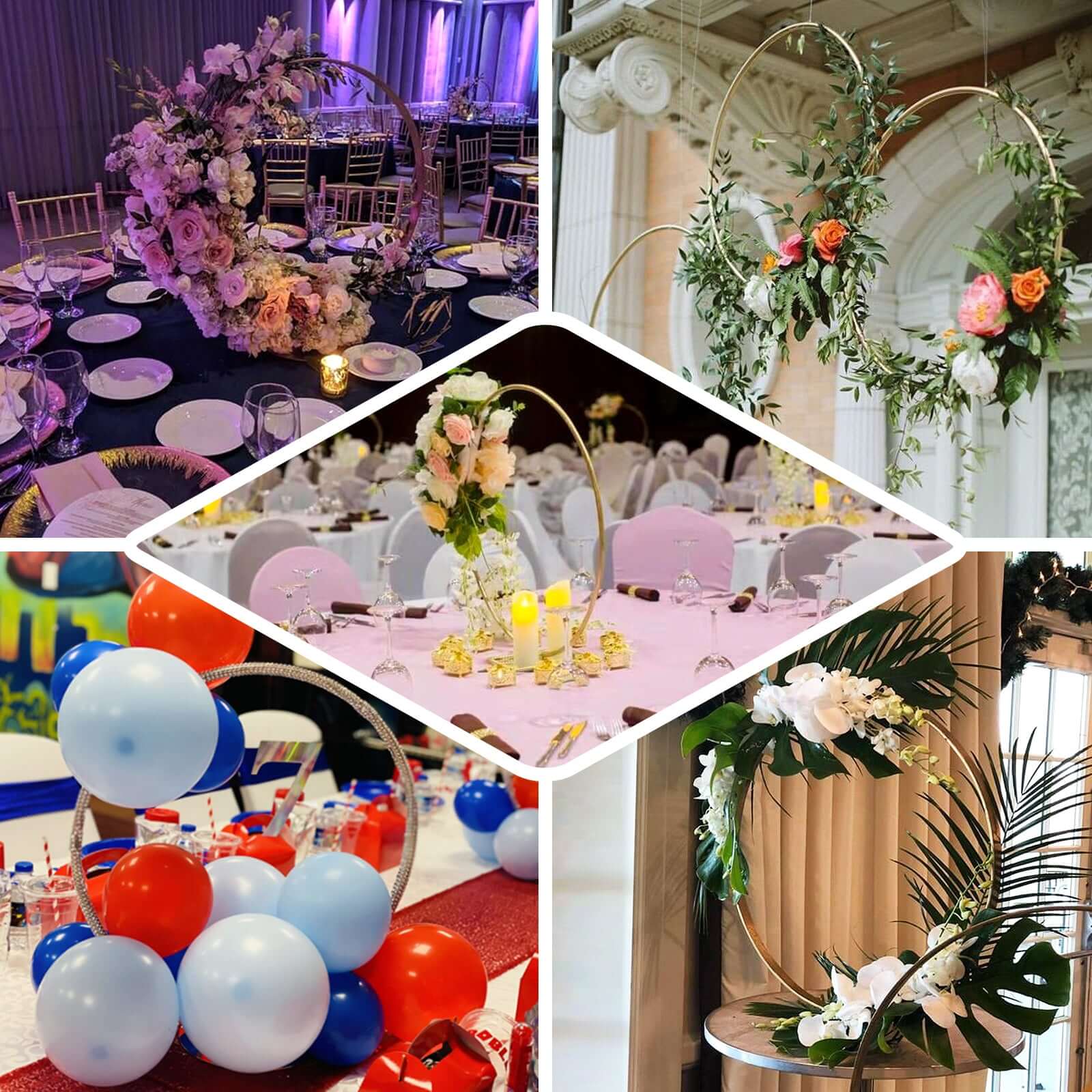 Round Wedding Hoop Table Centerpiece Metal Silver - Self-Standing Floral Wreath Frame for Events 36