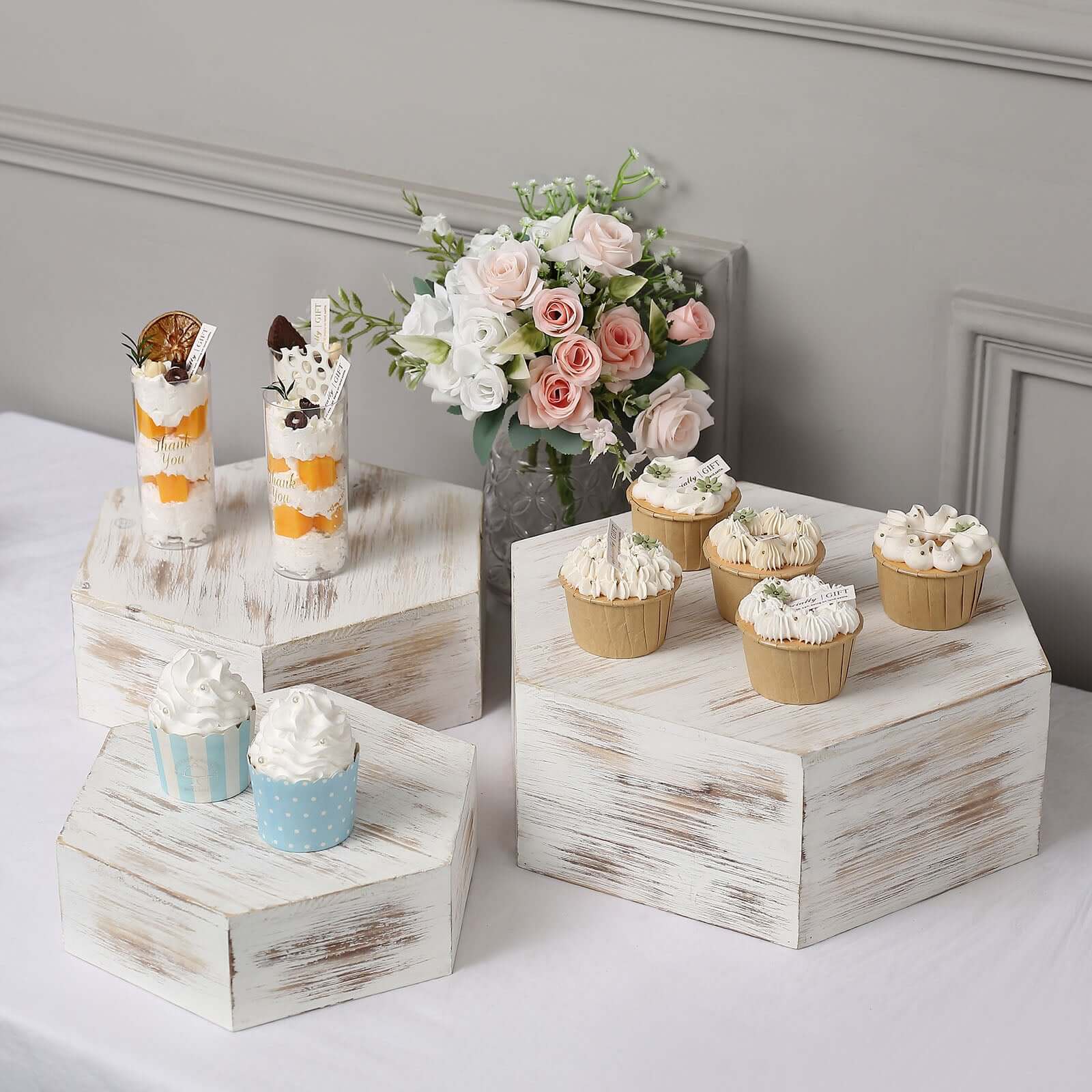 Set of 3 Wooden Dessert Display Boxes Whitewashed Hexagonal Design - Stackable Riser Cake Stand 9, 11, 13