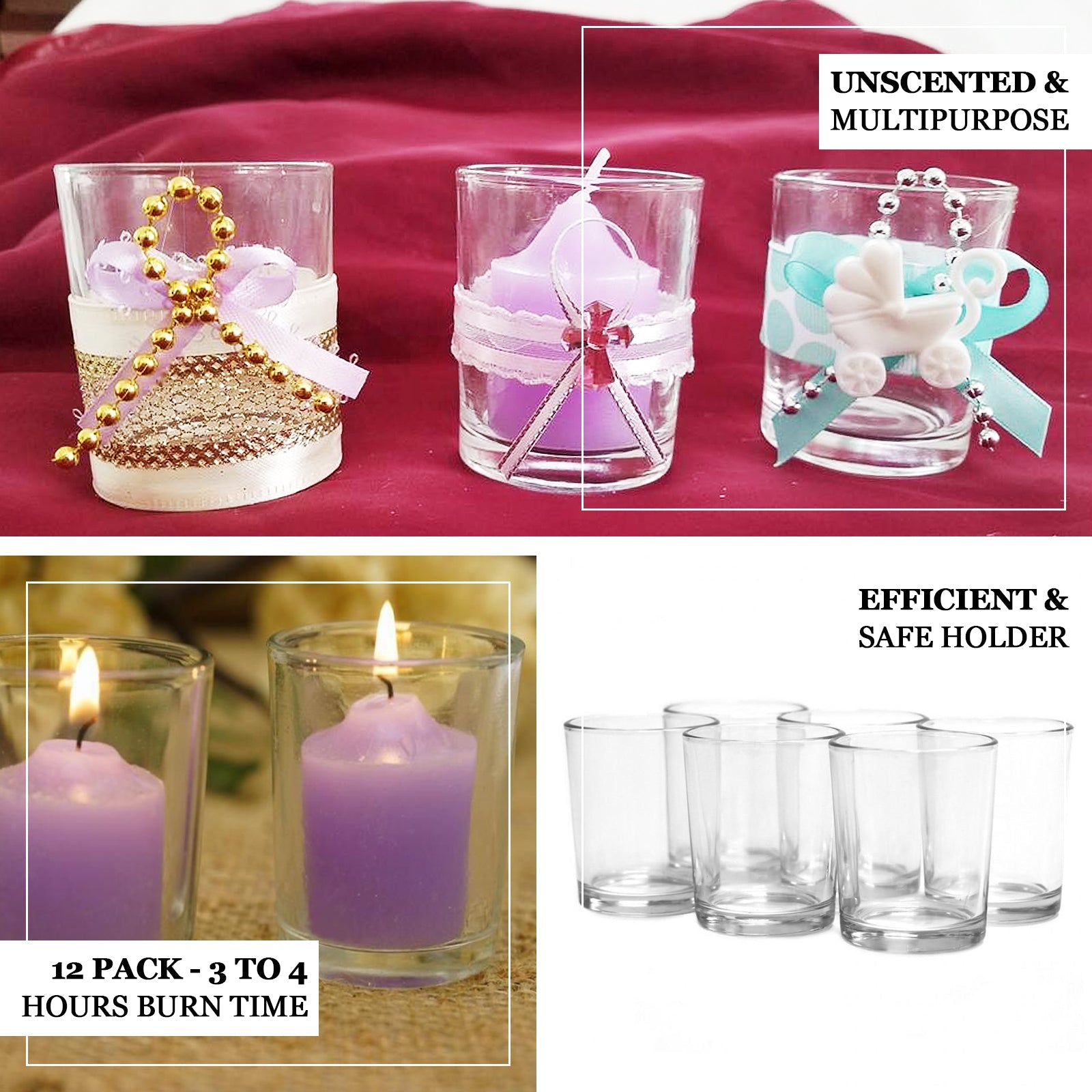 12 Pack Ivory Votive Candle and Clear Glass Votive Holder Candle Set