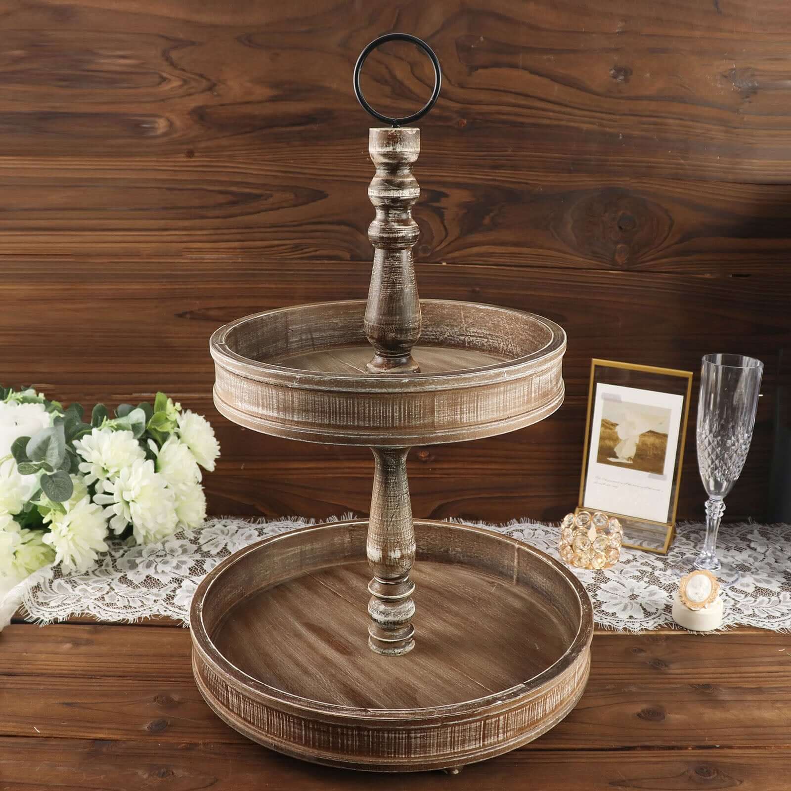 2-Tier Wooden Serving Tray Stand Rustic Brown Design - Farmhouse Style Cupcake Display 20