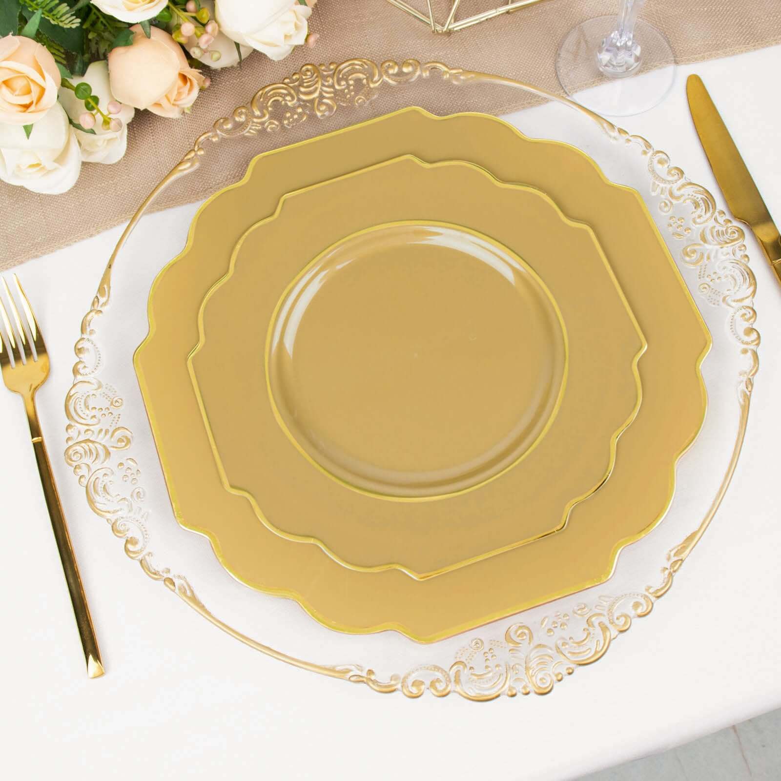 10-Pack Plastic Dessert Appetizer Plates in Gold Baroque Design with Scalloped Gold Rim - Heavy Duty Disposable Salad Plates 8